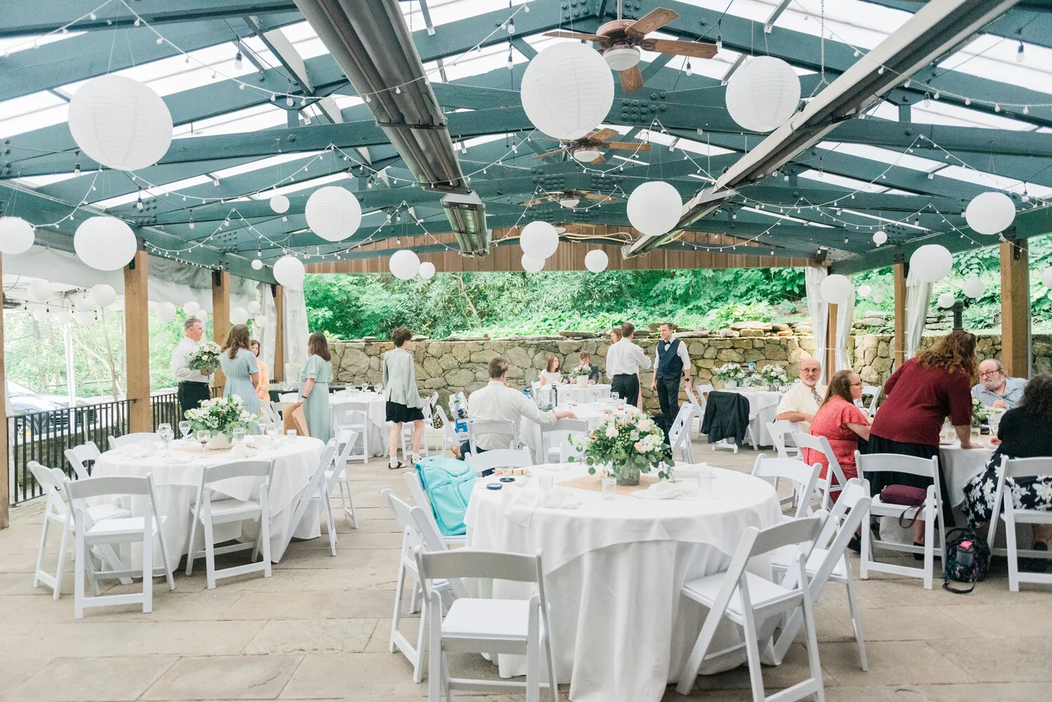  Outdoor wedding luncheon in Philadelphia, PA at the Valley Green Inn, decorated in all white. Wedding reception alternatives simple wedding reception ideas white wedding decor unique wedding ideas all white wedding decorations ideas for a white wedd