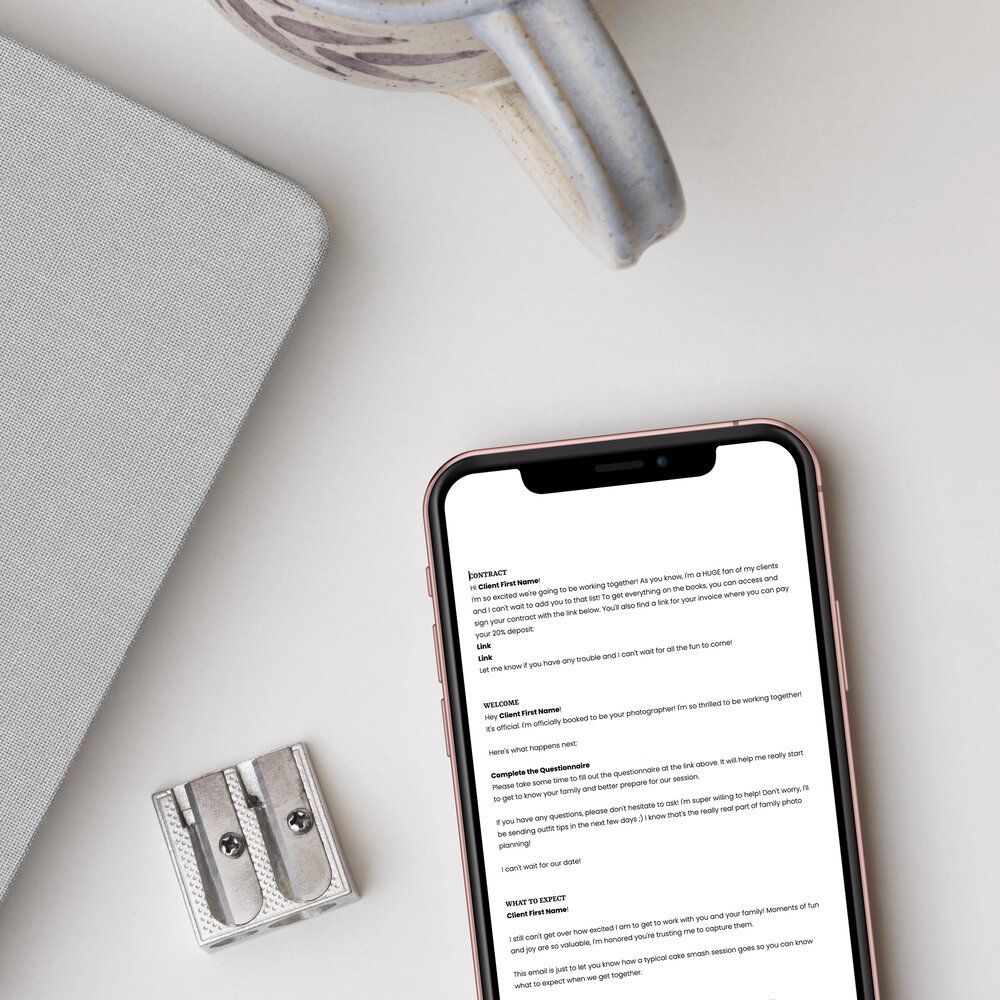  An iPhone is open to an email template created by Sandy Springs Georgia photographer Jacquie Erickson to help photographers streamline their photo sessions.&nbsp; know your clients photo timeline updates#postphotoshoottips #GeorgiaFamilyPhotographer