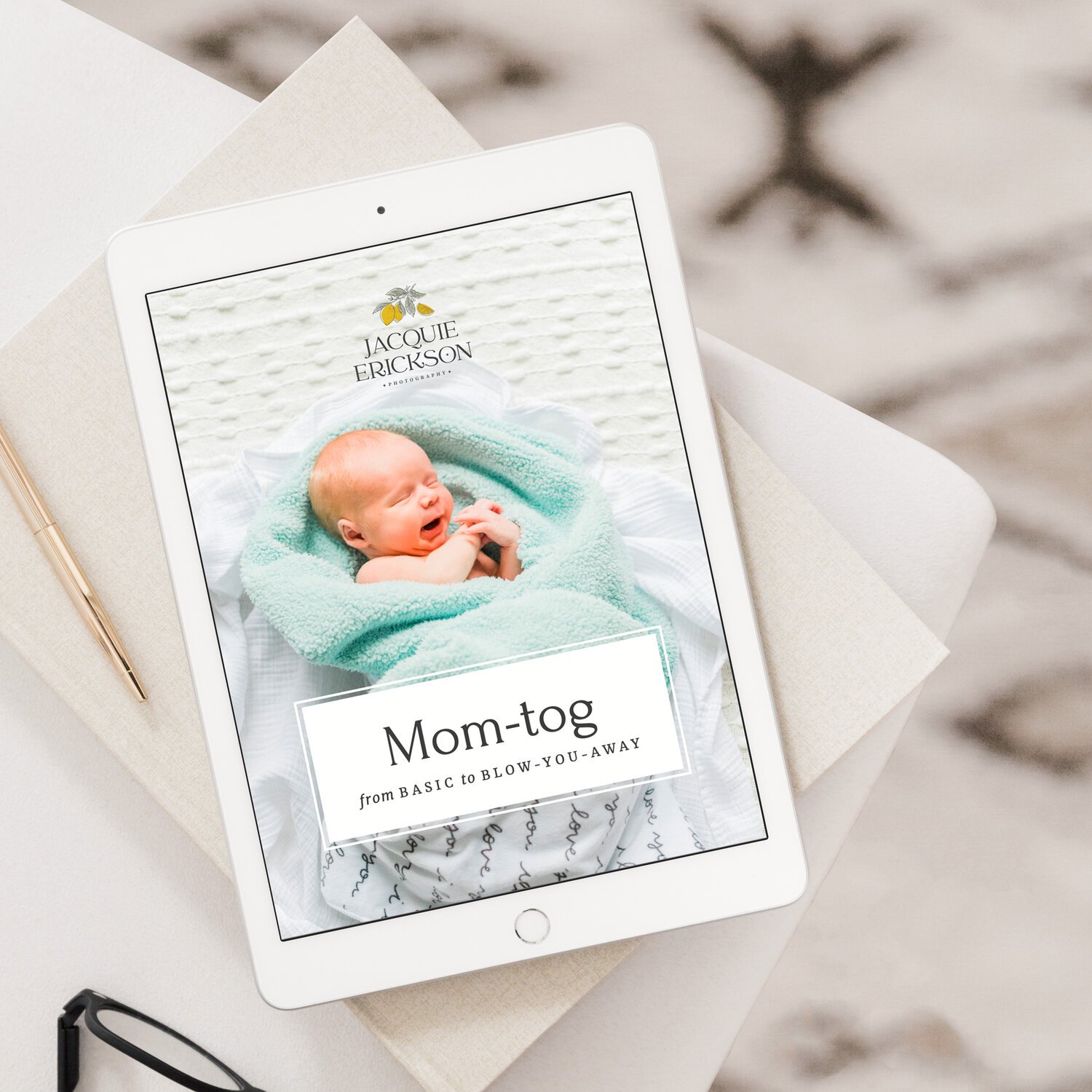  An iPad is open to Jacquie Erickson’s Mom-Tog course, a helpful course for DIY photographers. Client questionnaire Momtog course streamline workflow small business helpers #planoly #dubsado #pixiset #tailwind #theunburdenstudio #diyphotographers 