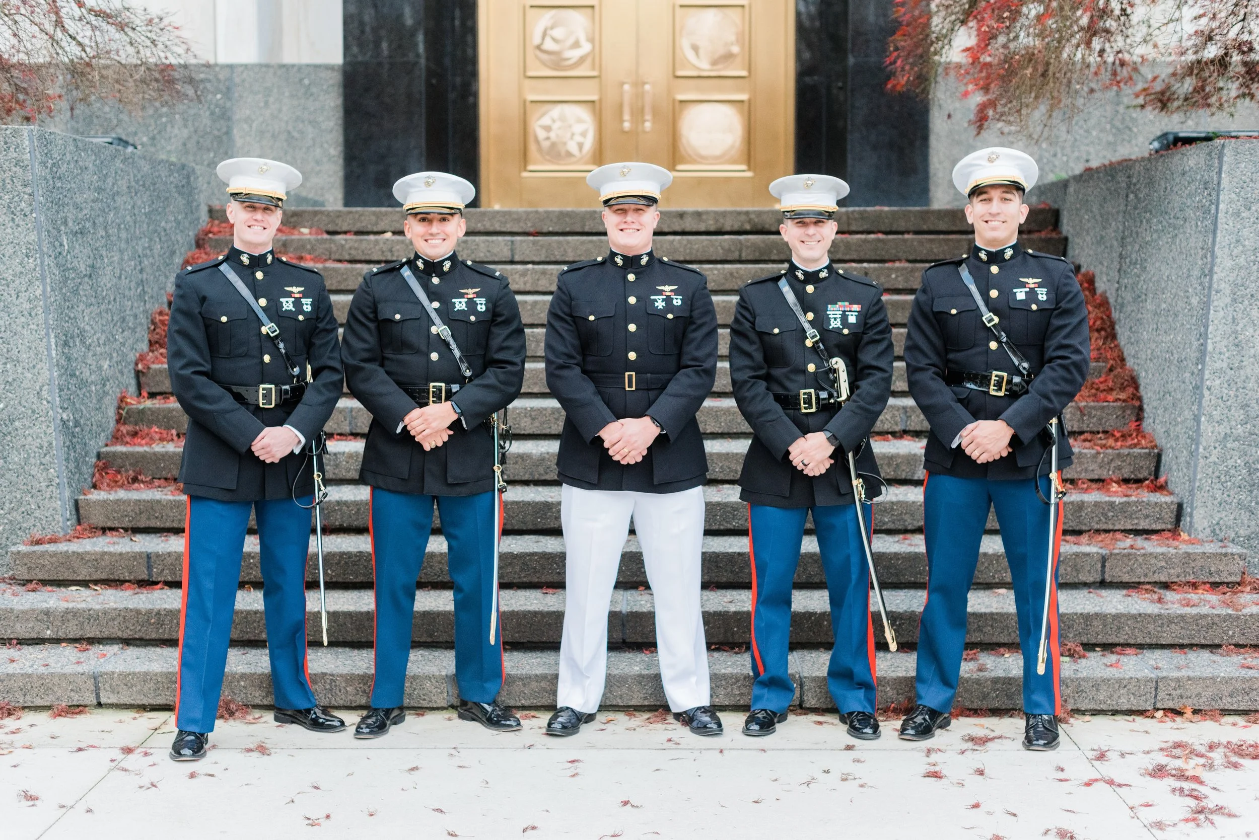 Marine groom with his Marine groomsmen all in dress uniform on the wedding day by Jacquie Erickson Photography. Marine groomsmen #JacquieEricksonPhotography #JacquieEricksonWeddings #DCLDSTemple #DCwedding #WinterWeddingDC #DCweddingphotographer