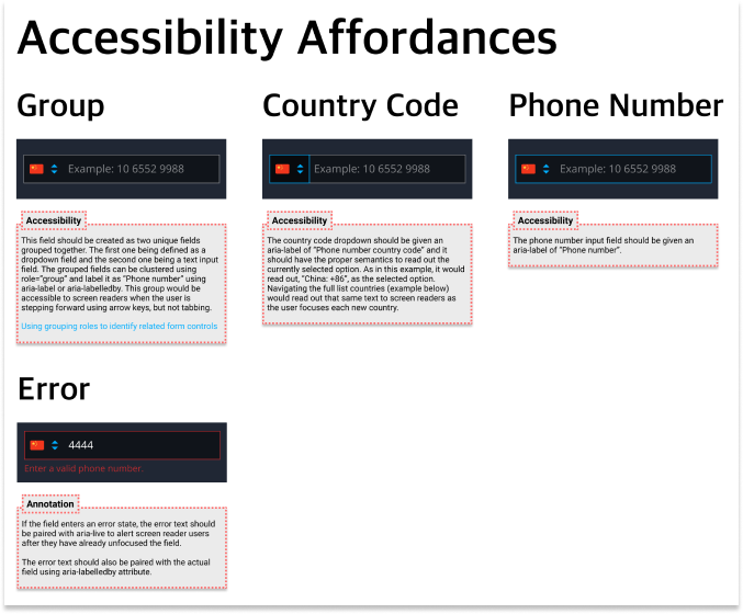 Example of how design delivers documentation that accounts for all accessibility needs from the UI component level. This ensures users will be able to use this feature wherever it’s used.