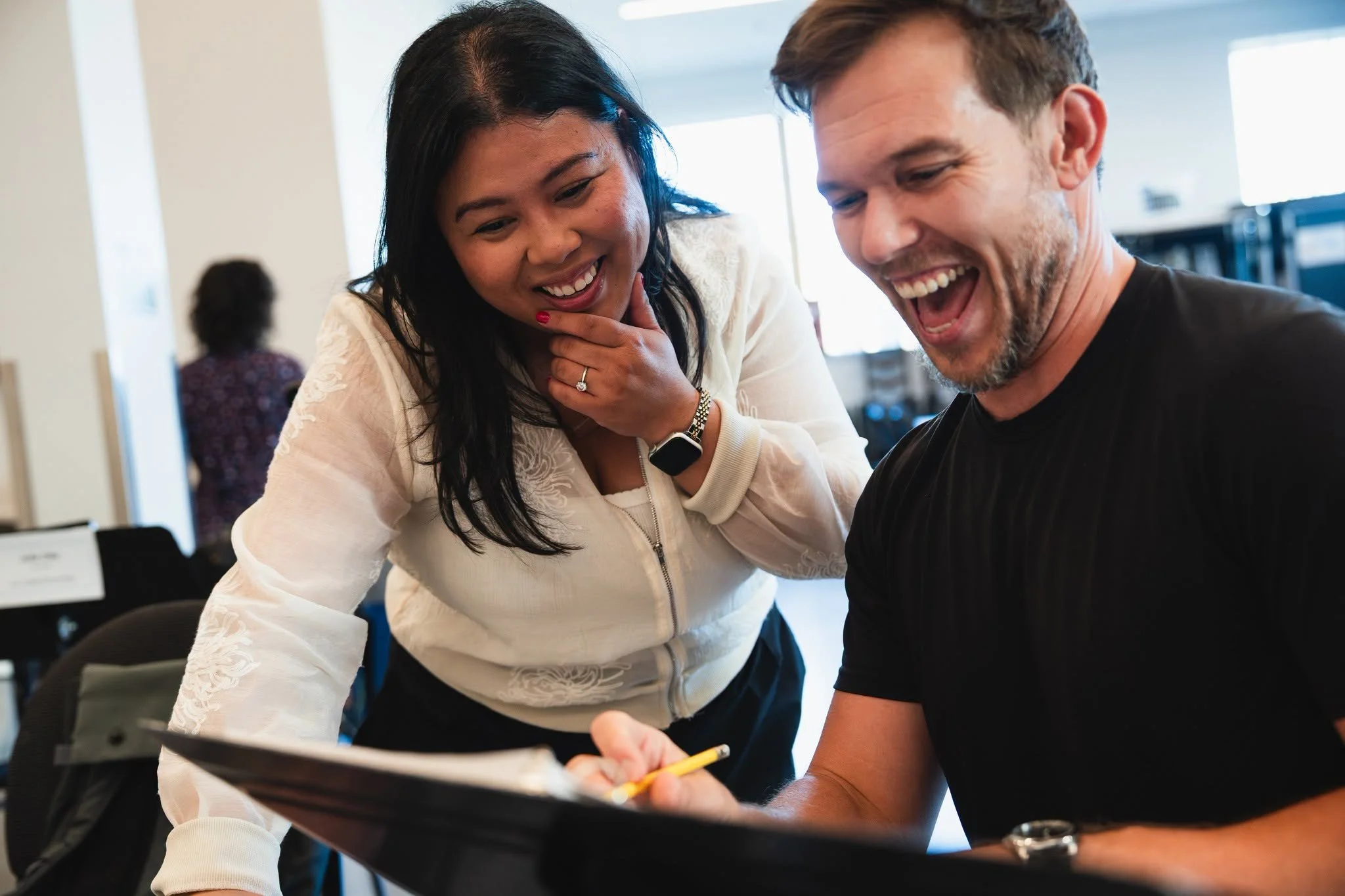 Joy and Eddie Lopez during Oregon Shakespeare Festival's YELLOW FACE rehearsal (2026).