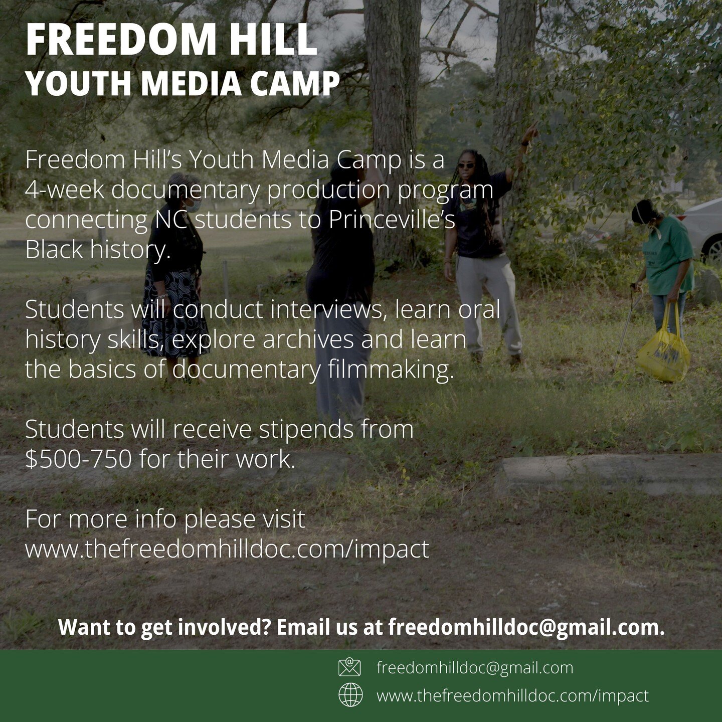 Join @FreedomHillDoc&rsquo;s Youth Media Camp! The Youth Media Camp is a 4-week documentary production program connecting NC students to Princeville&rsquo;s Black history.

Students will receive stipends from $500-750 for their work. You must be betw