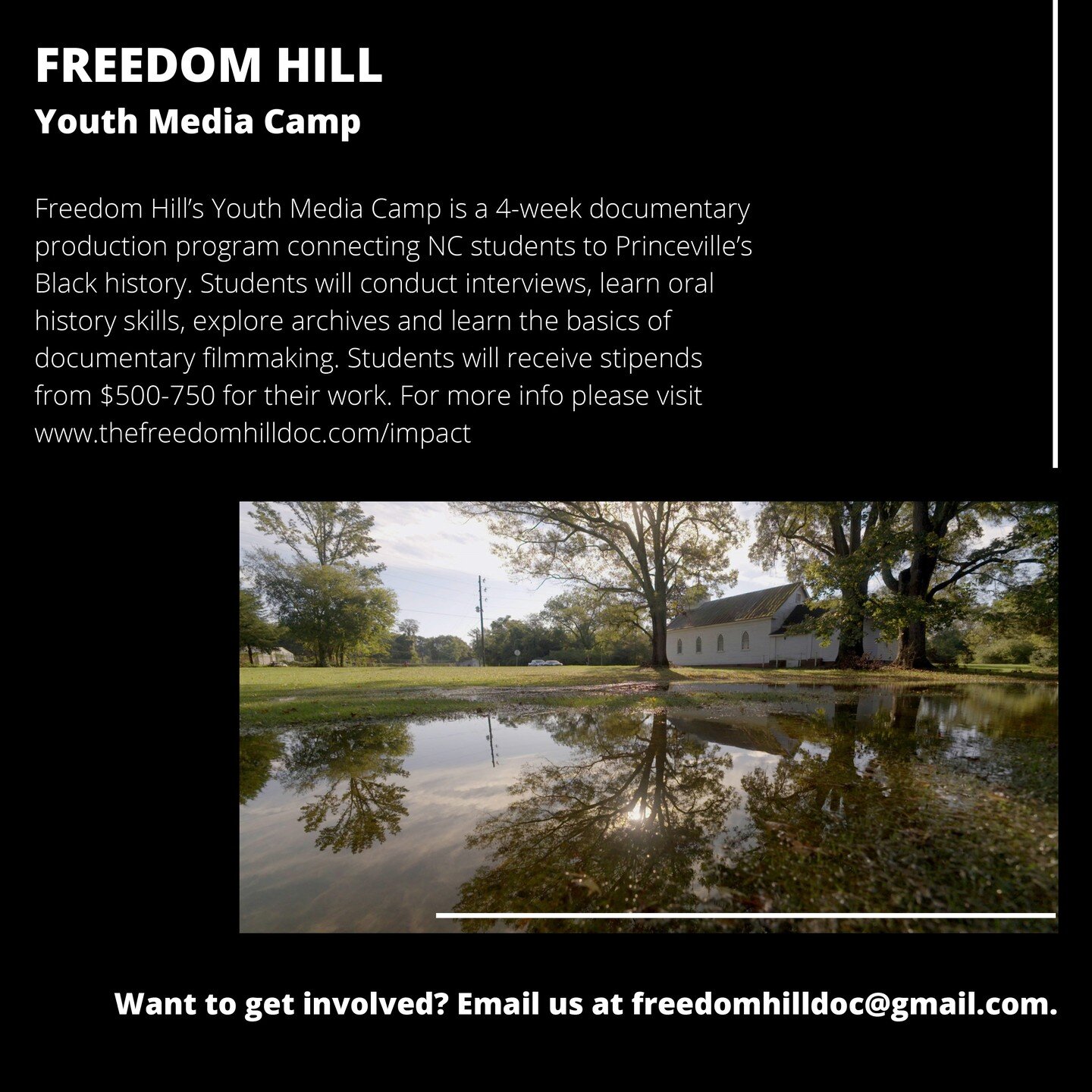 Join @FreedomHillDoc&rsquo;s Youth Media Camp! The Youth Media Camp is a 4-week documentary production program connecting NC students to Princeville&rsquo;s Black history. 

Students will receive stipends from $500-750 for their work. You must be bet