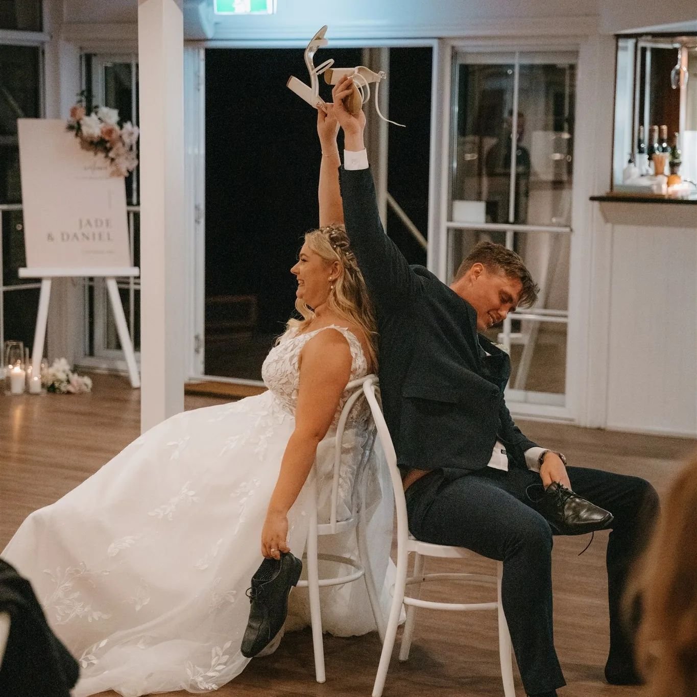 Inject a whole lotta fun into your wedding reception with a super easy wedding game!

This is the Shoe Game, where you battle it out to see how aligned you are when I ask you a series of  cheeky questions.

Your guests get involved by cheering with a