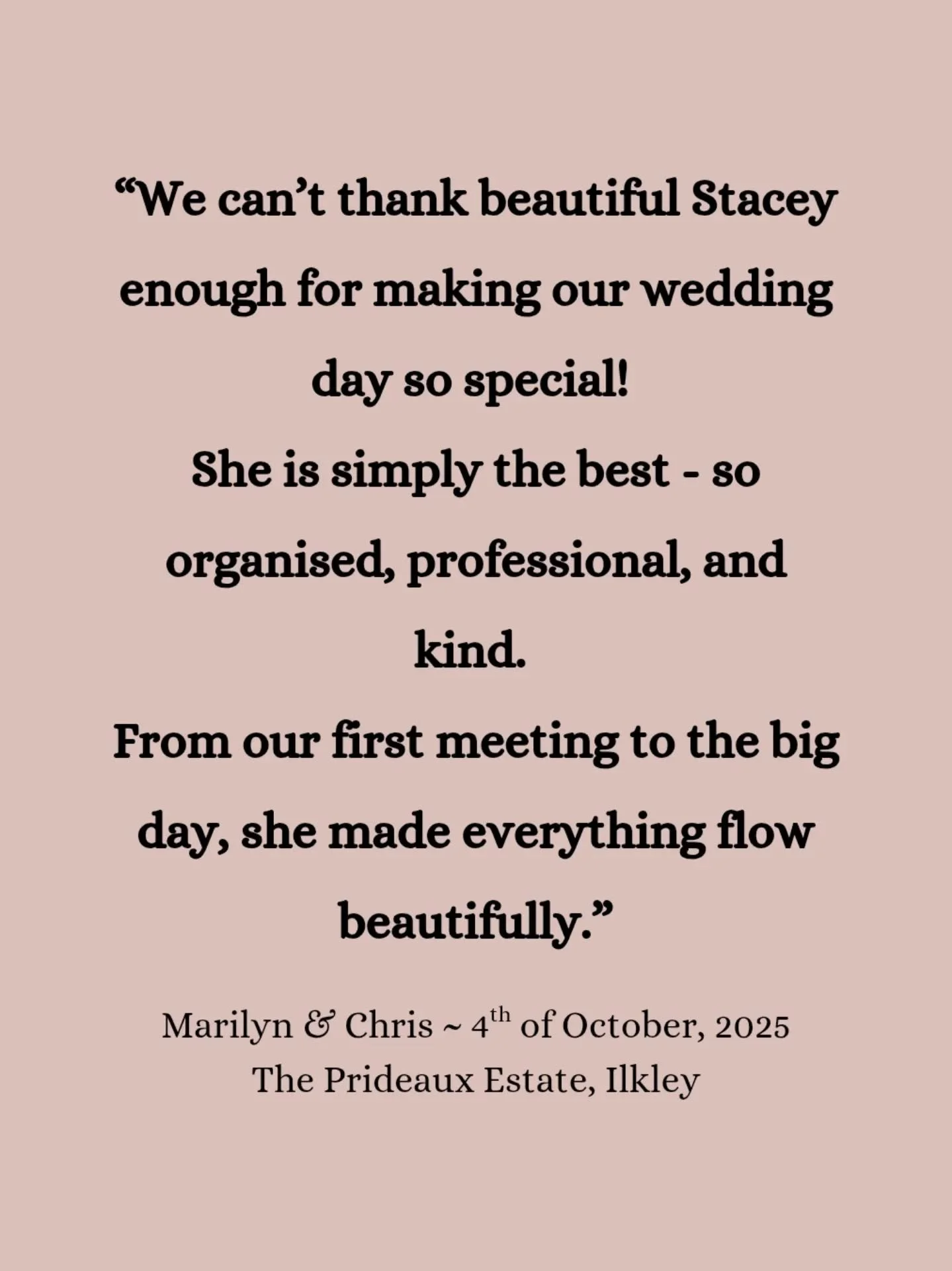 &quot;We can&rsquo;t thank beautiful Stacey enough for making our wedding day so special! She is simply the best - so organised, professional, and kind. From our first meeting to the big day, she made everything flow beautifully. Our ceremony was eve