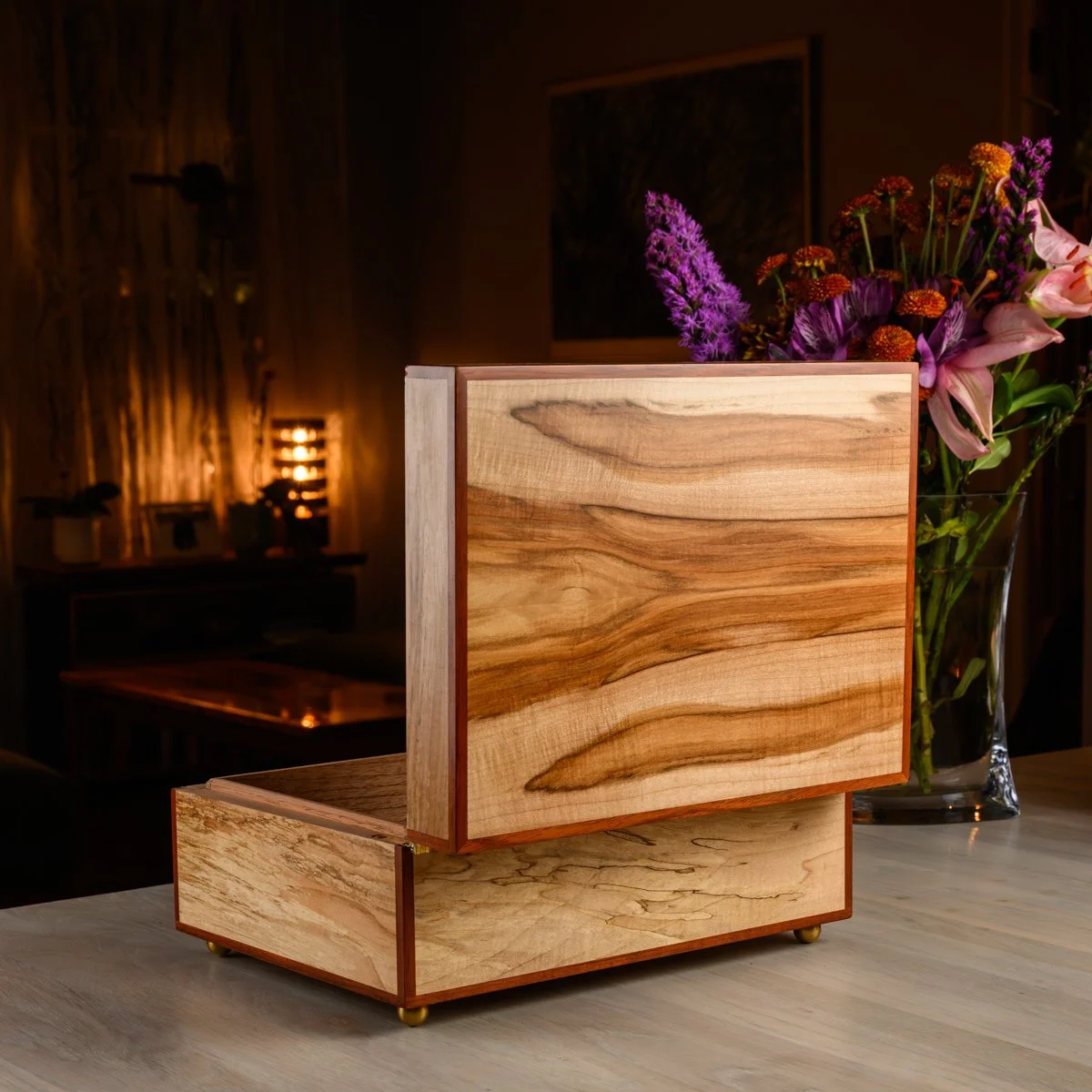 Custom handmade humidor with norway maple top, spalted norway maple sides, and bubinga binding
