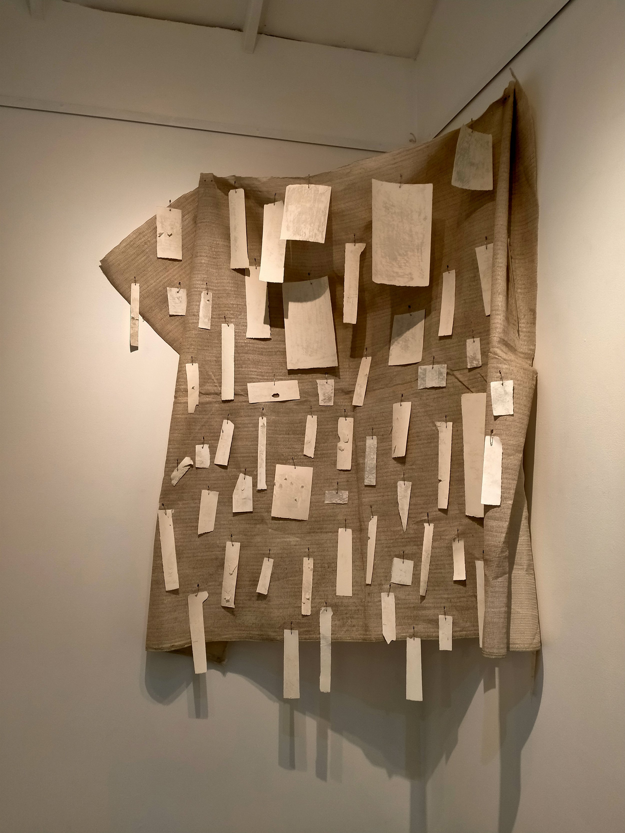 ‘Which way does the wind blow? I donno, you tell me. Ok cool so why can’t I leave the safety pins in?’ 2021, cutting board dry point prints and safety pins on fabric