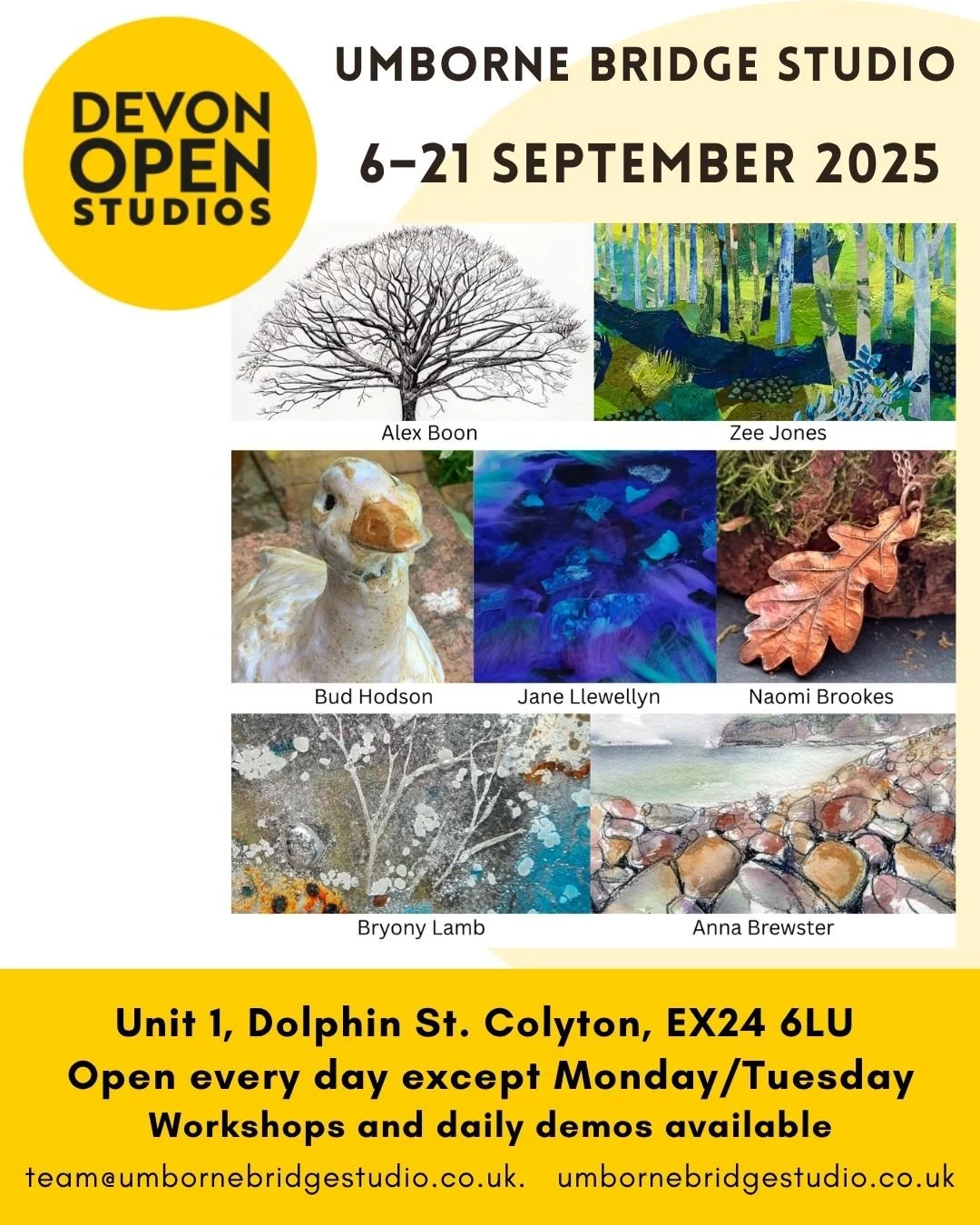 Devon Open Studios is almost here and we've got a fabulous crew at Umborne Bridge Studio this year - @budhodsonceramics , @naomibrookesdesigns , @janellewellynfelt , @alexboonart , @bryony_lamb_glass_art and @zeejonesartist will be joining me to welc