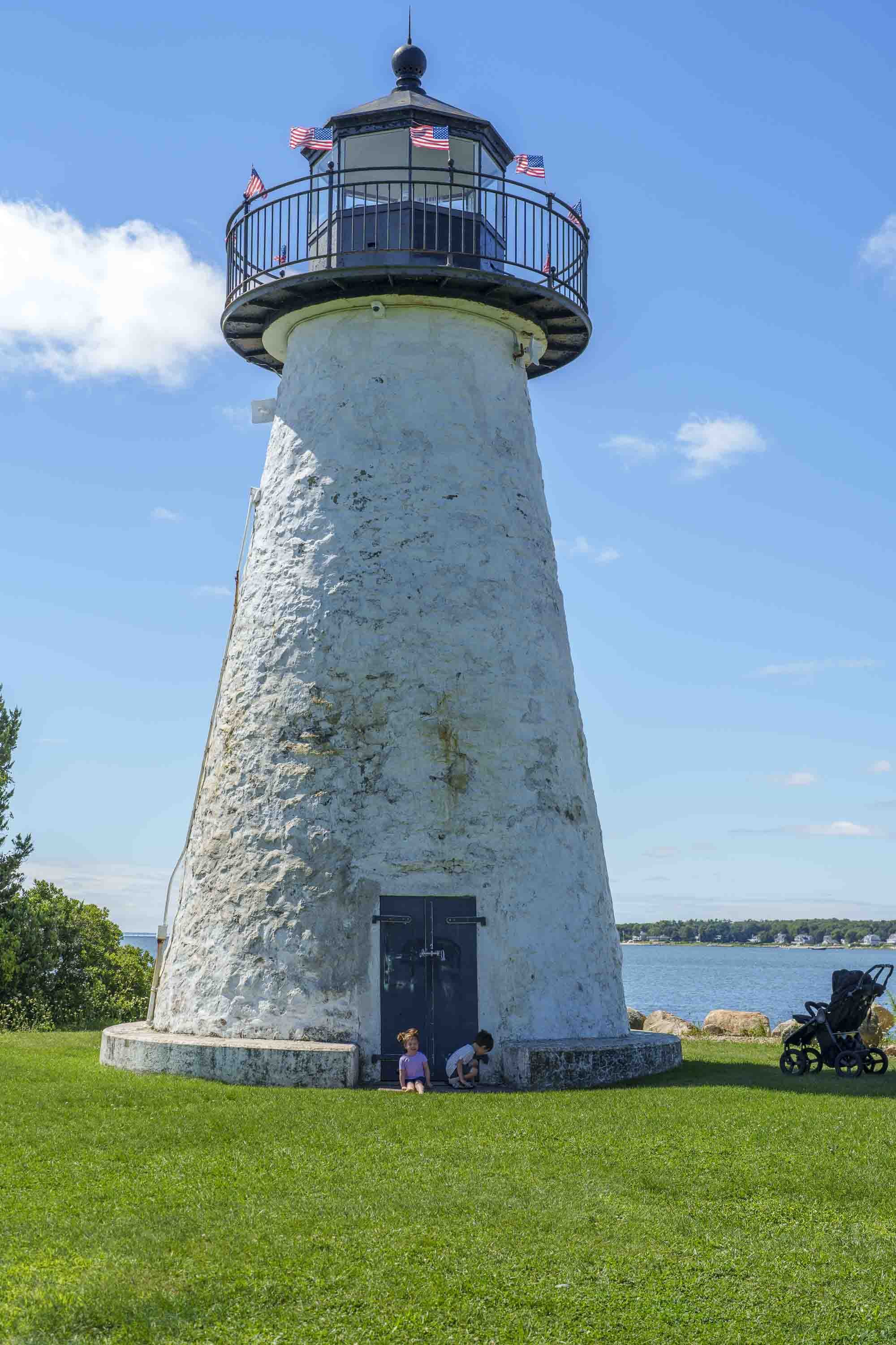 Ned's Point Lighthouse just before leaving to run back home.  We had to search the grass and areas around the lighthouse for twenty minutes.  River accidentally misplaced his microphone.  We found it off in the rocks.  It was a funny accident.  River