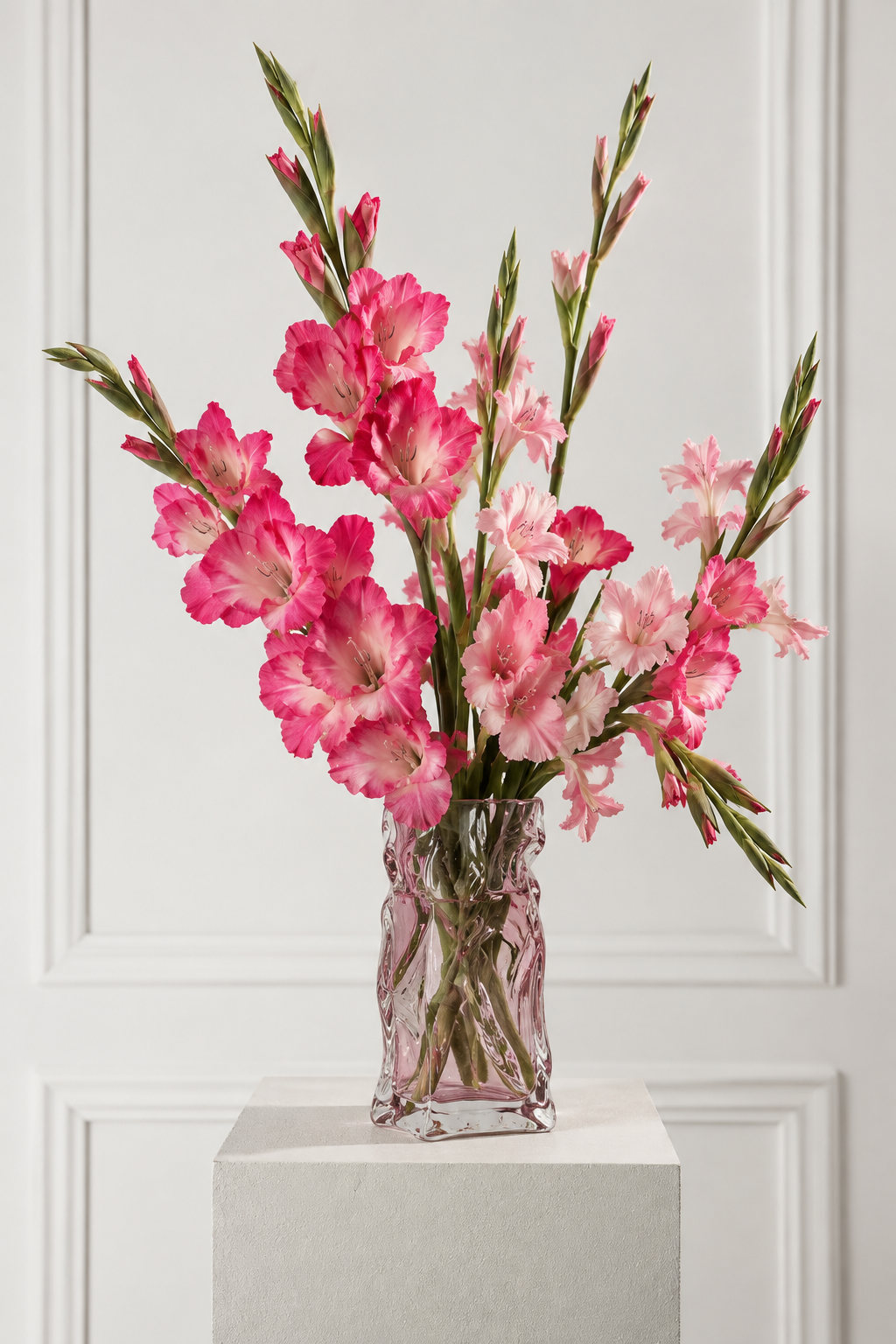 Elegante Gladiolen im rosa Glasvase.png