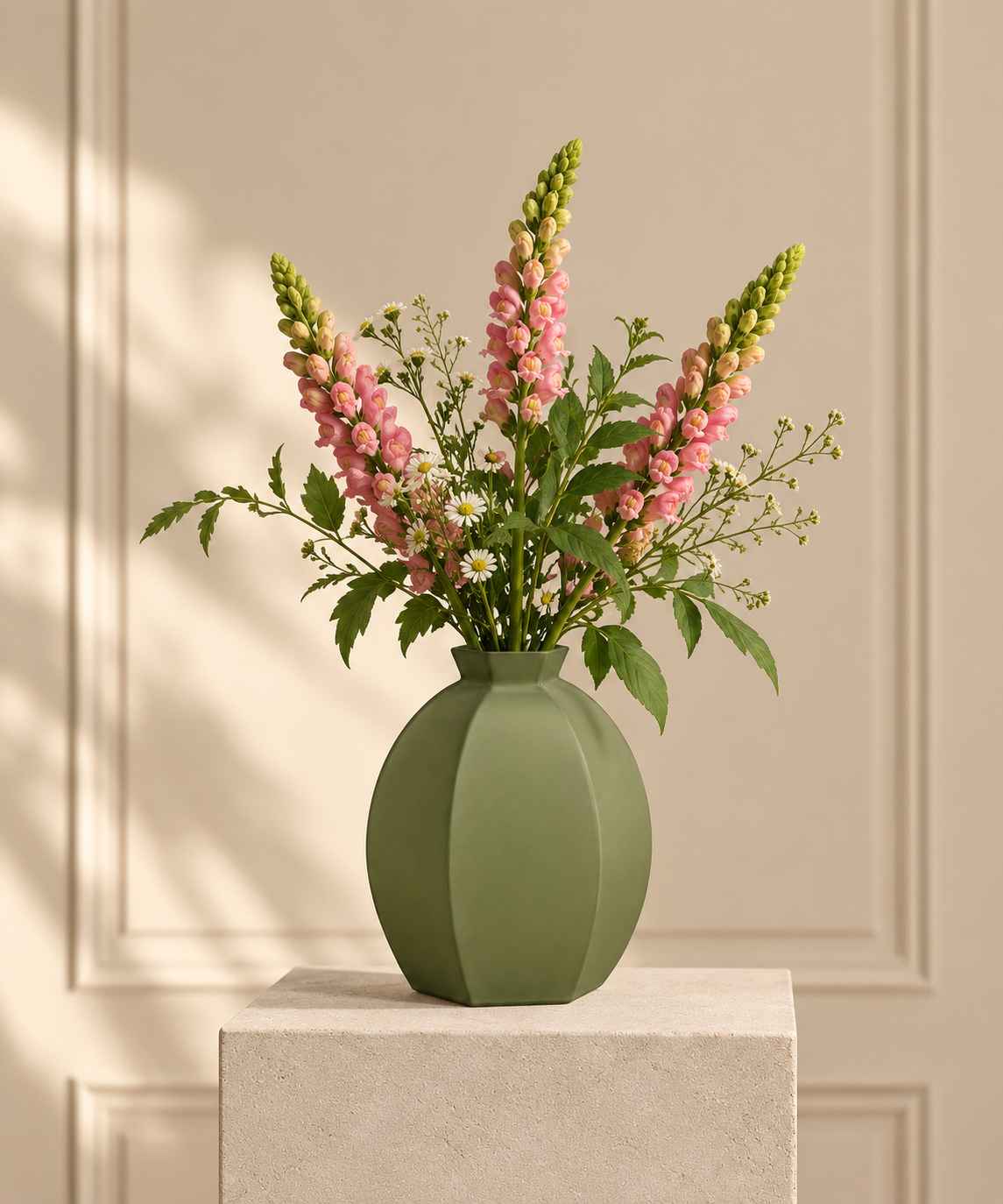 Olivegrüne Vase mit zartem Blumenstrauß.png