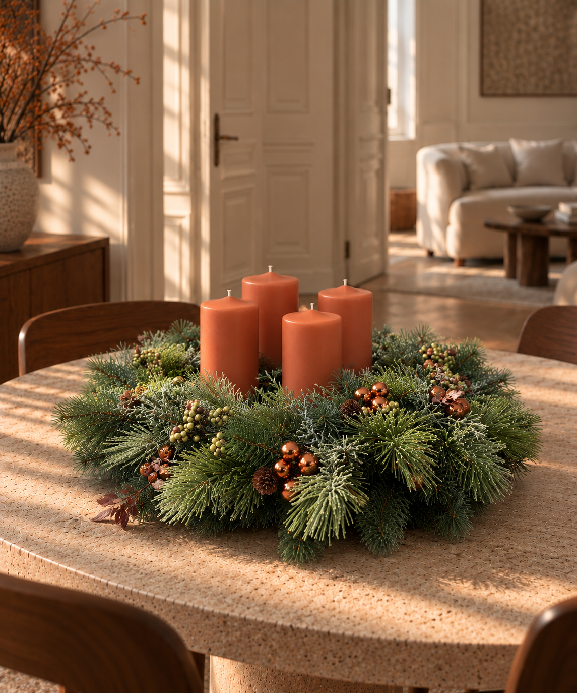 Rustikaler Adventskranz im Sonnenlicht.png