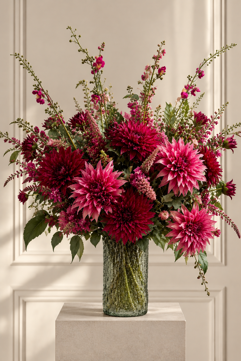 Eleganter Magenta-Blumenstrauß im grünen Glasvase.png