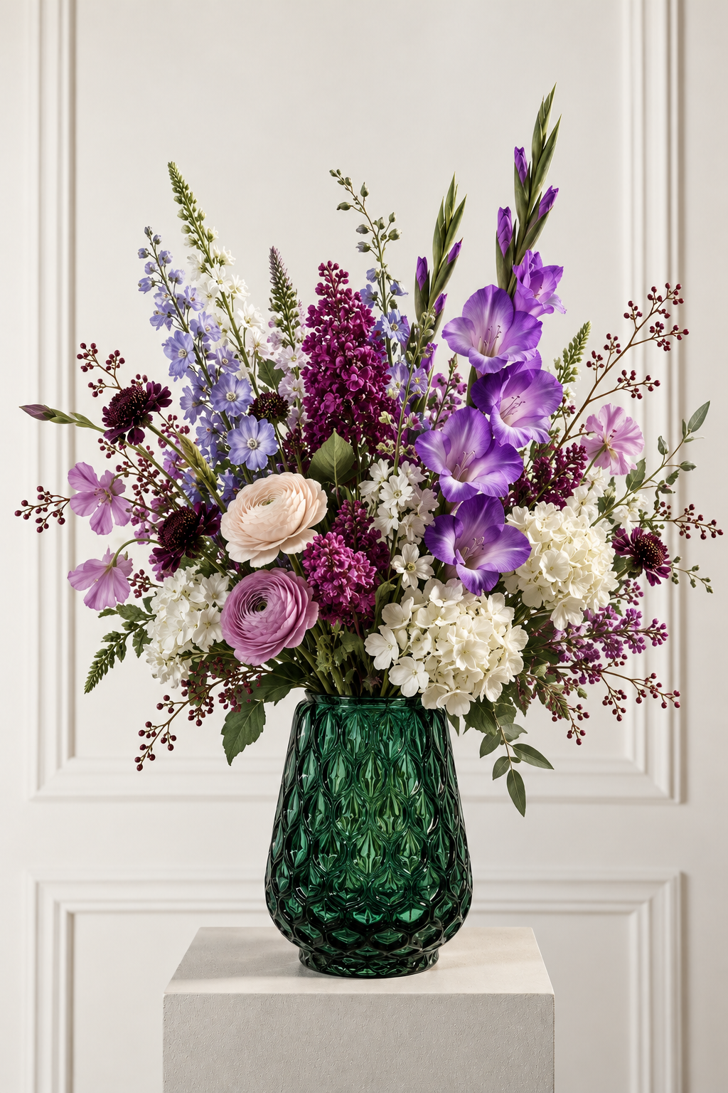 Eleganter Blumenstrauß in grüner Glasvase.png