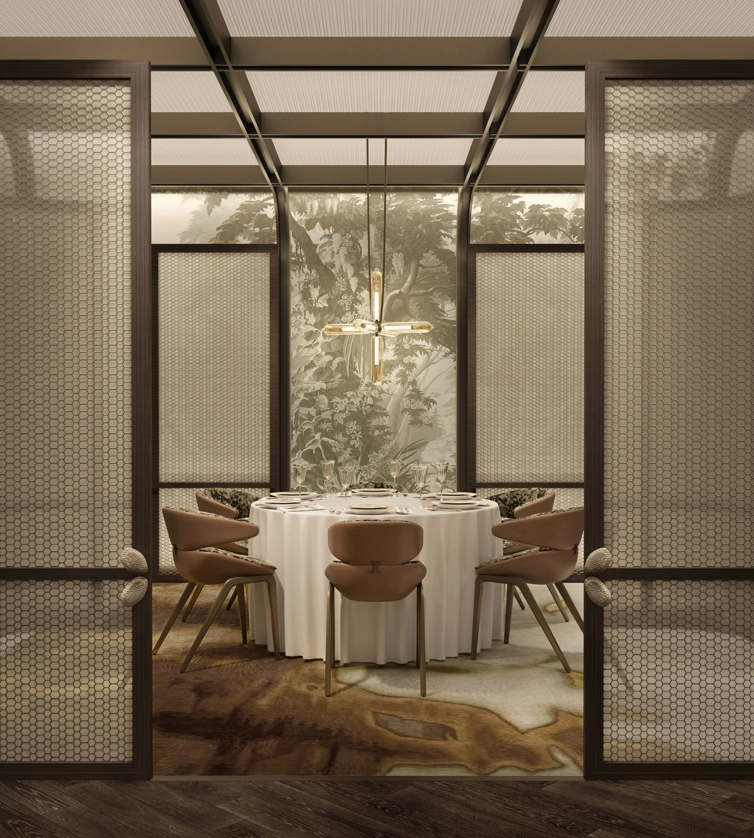 Private dining room at Green Restaurant featuring a round table, botanical mural wallpaper, cross pendant light bee princess chandelier, and mesh sliding doors.