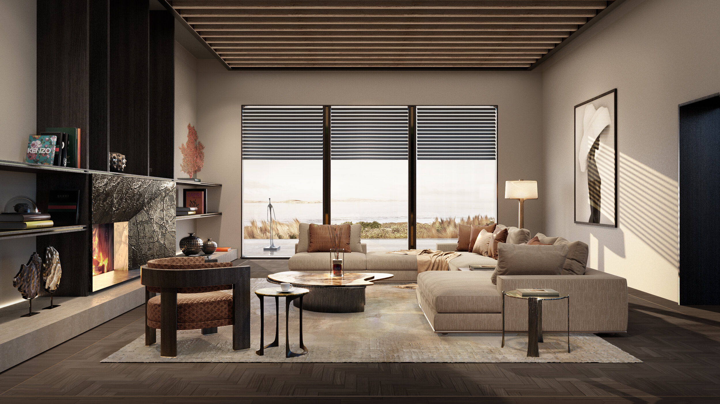 Luxury living room at Mykonos Villa featuring a custom dark wood fireplace wall, textured armchair, organic coffee tables, and sea view.