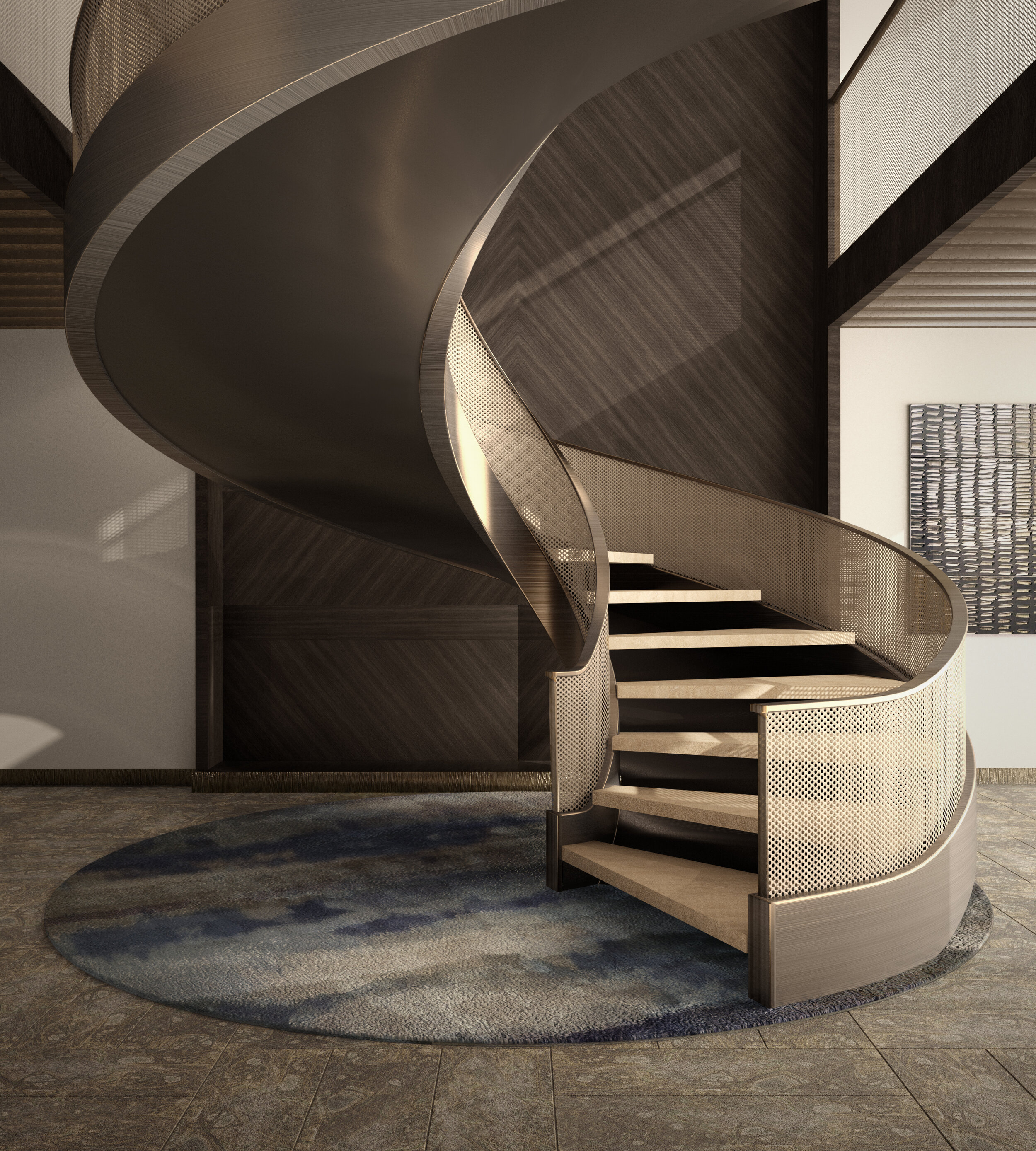 Sculptural spiral staircase at Mykonos Villa featuring custom perforated metal mesh balustrade, wood steps, and round area rug.
