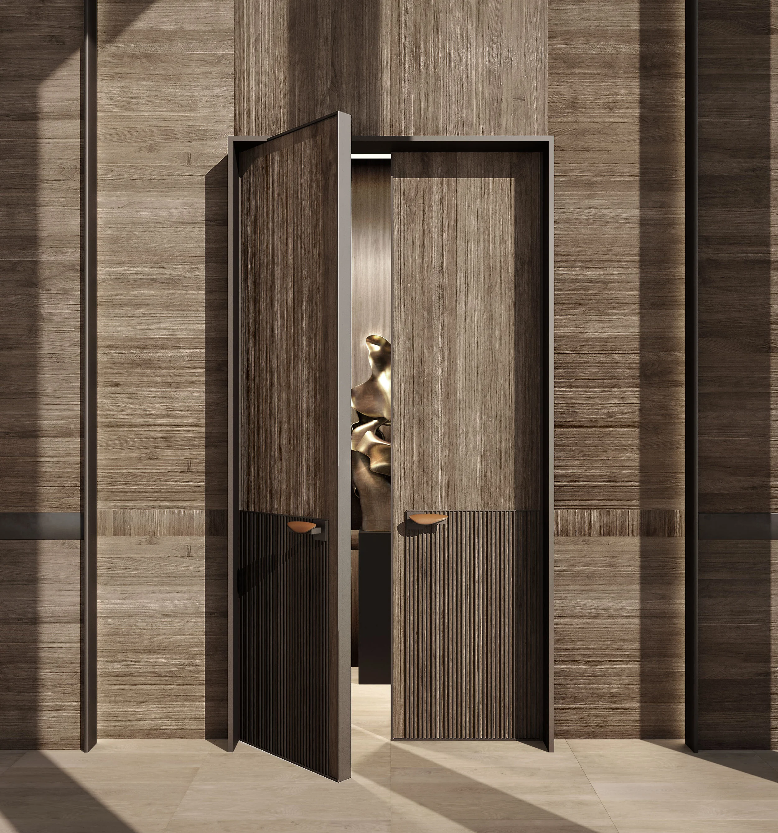 Custom double wood doors with fluted lower panels, leather handles, and matching wall boiserie in the luxury penthouse interior.