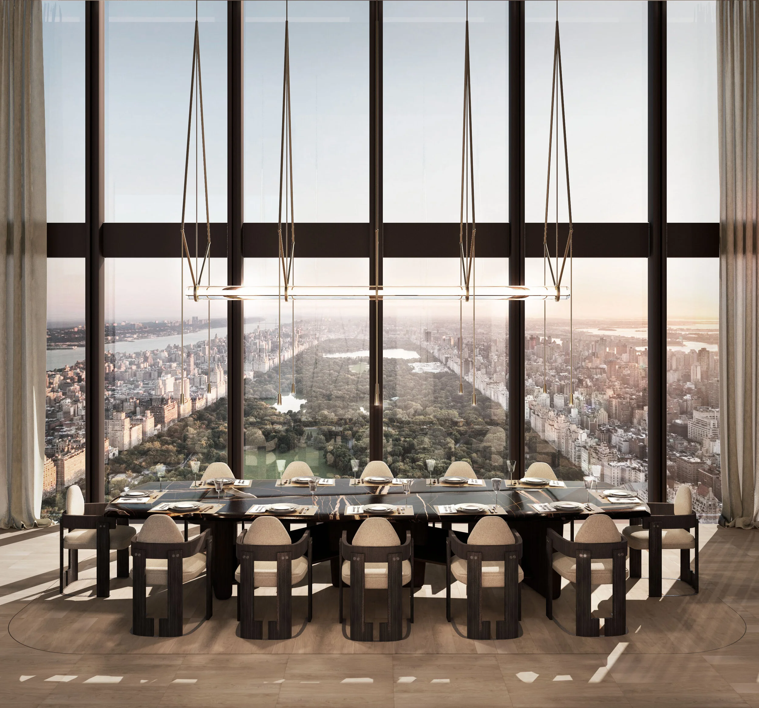 Luxury penthouse dining room with a large dark marble table, custom chairs, linear brass pendant light, and floor-to-ceiling windows overlooking Central Park.