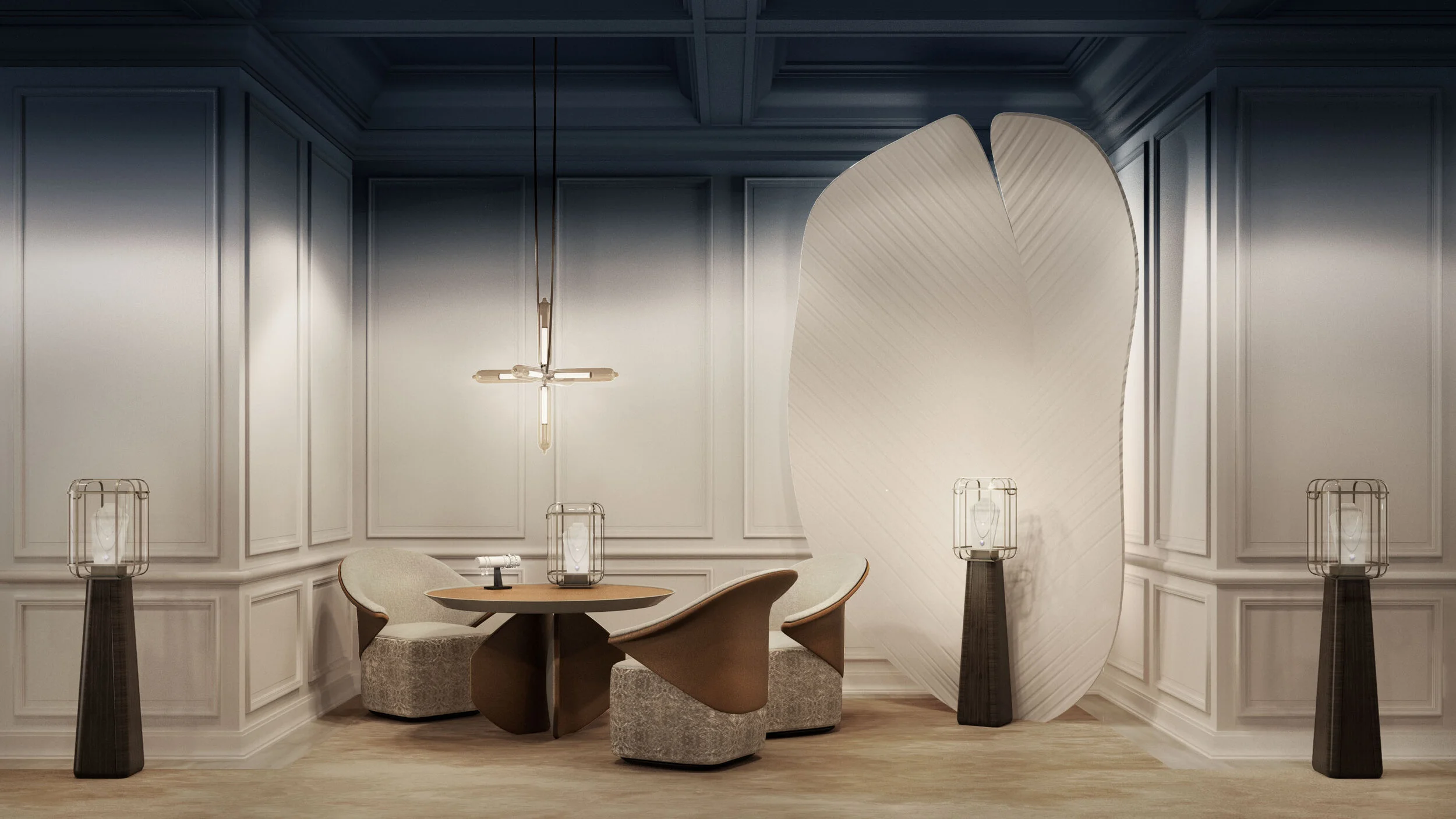 Private VIP consultation lounge at George Jewelry featuring display pedestals, custom seating, leaf sculpture backdrop, and classic wall paneling.