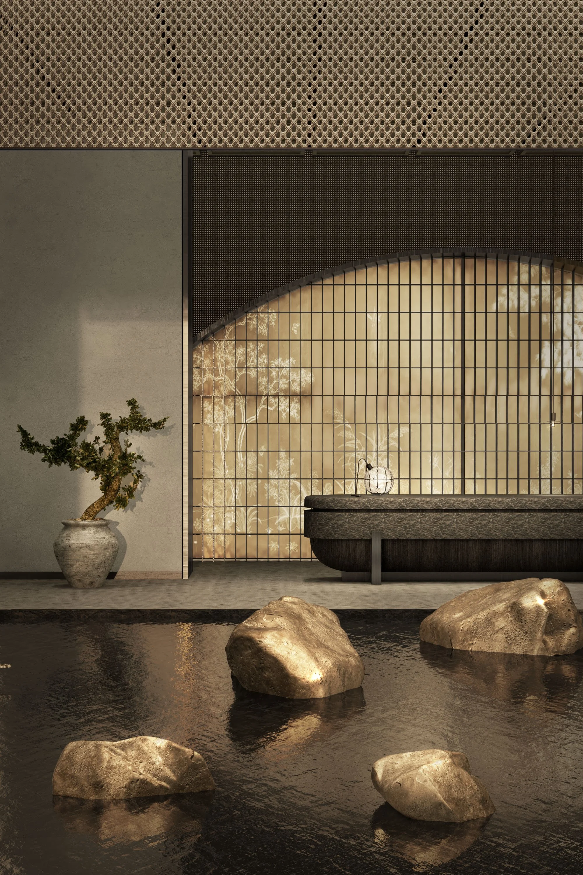 Luxury Hong Kong hotel reception featuring a custom desk, indoor water feature with stones, illuminated Japanese shoji screen, and a bonsai tree.