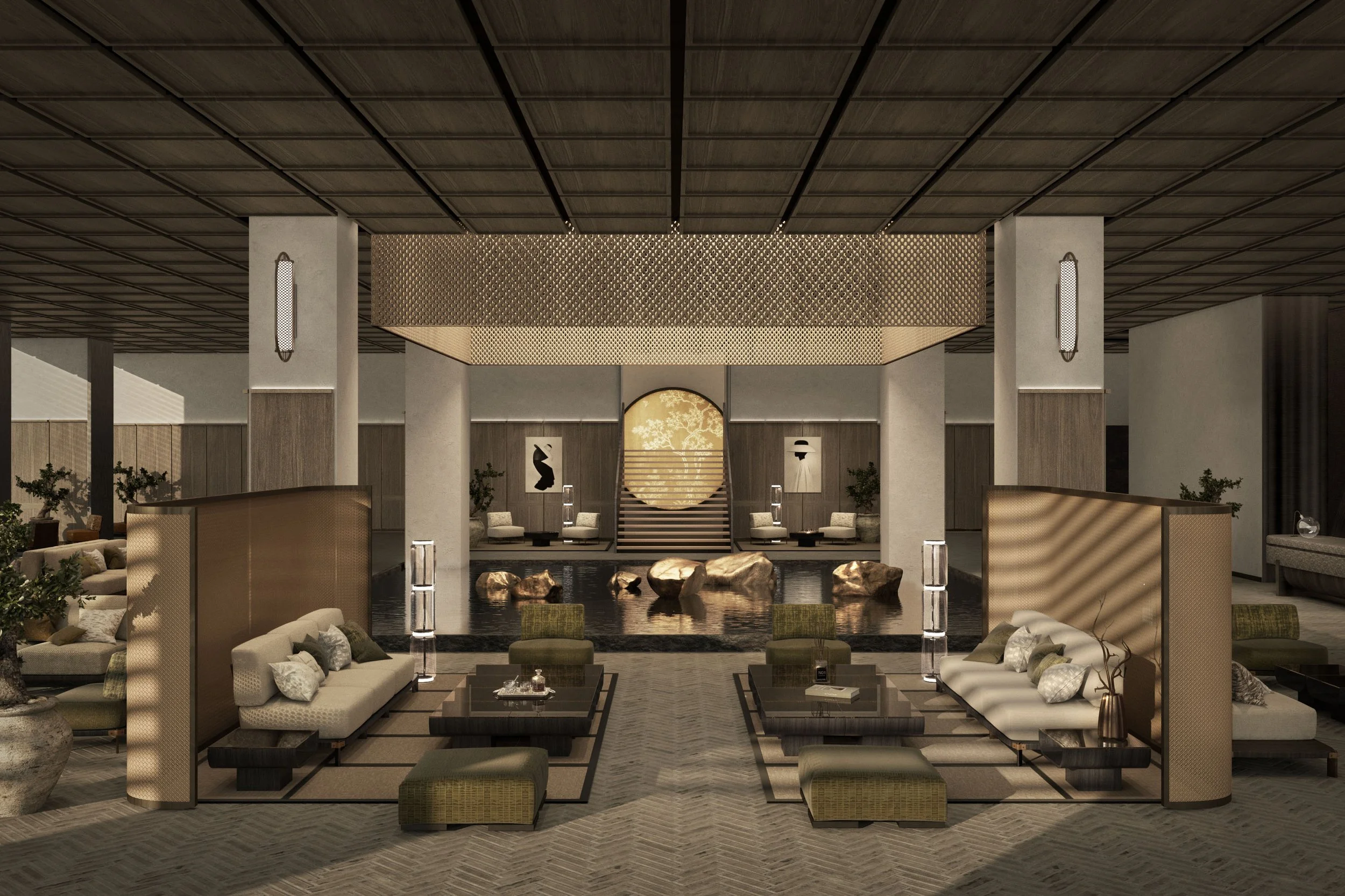 Grand hotel lobby at Hong Kong Hotel featuring symmetric lounge seating with custom partition screens, coffered ceiling, and a central water feature with illuminated artwork.