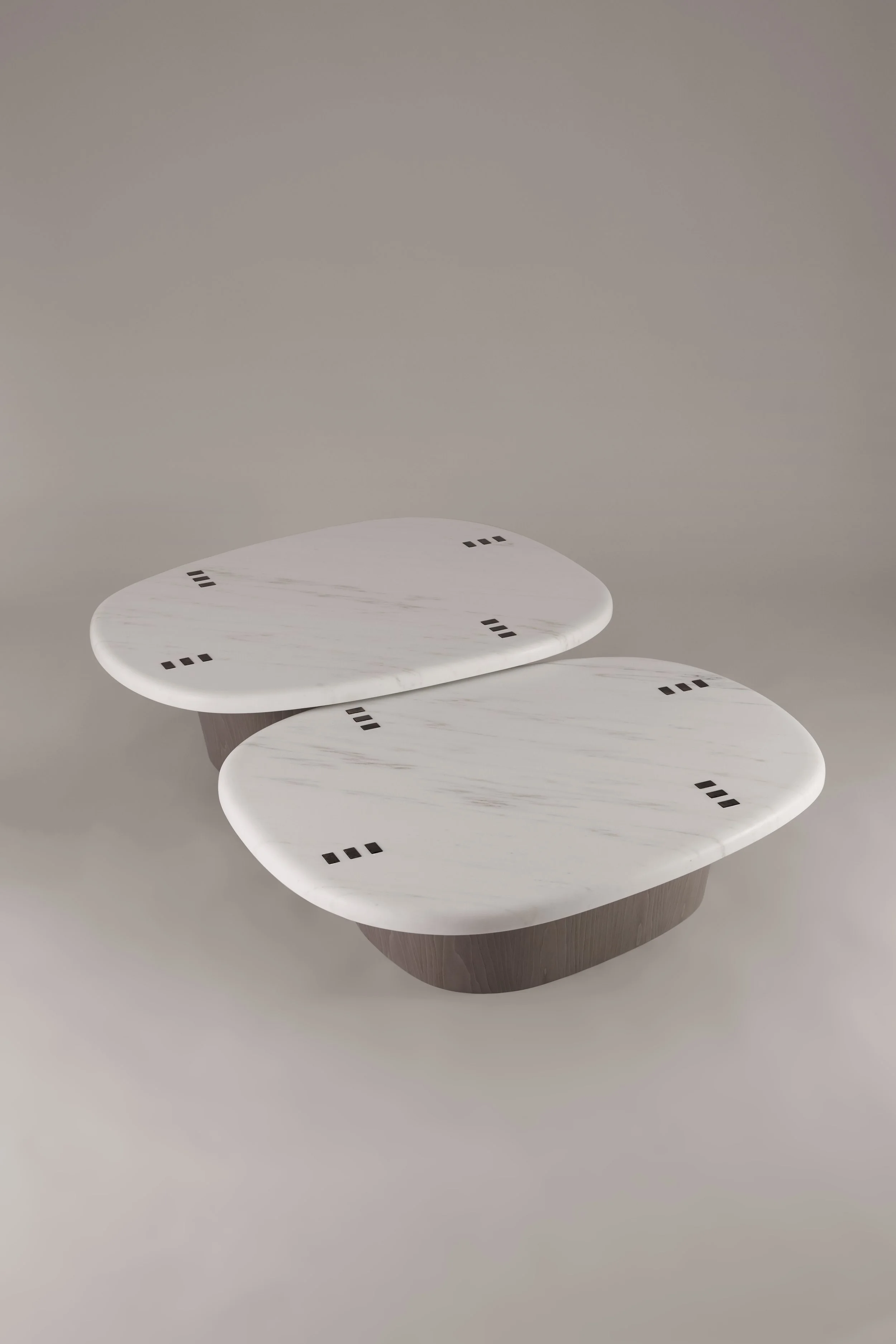 Side view of the two Pebble nested coffee tables set, showcasing the different heights and the sculptural Eucalyptus wood base.