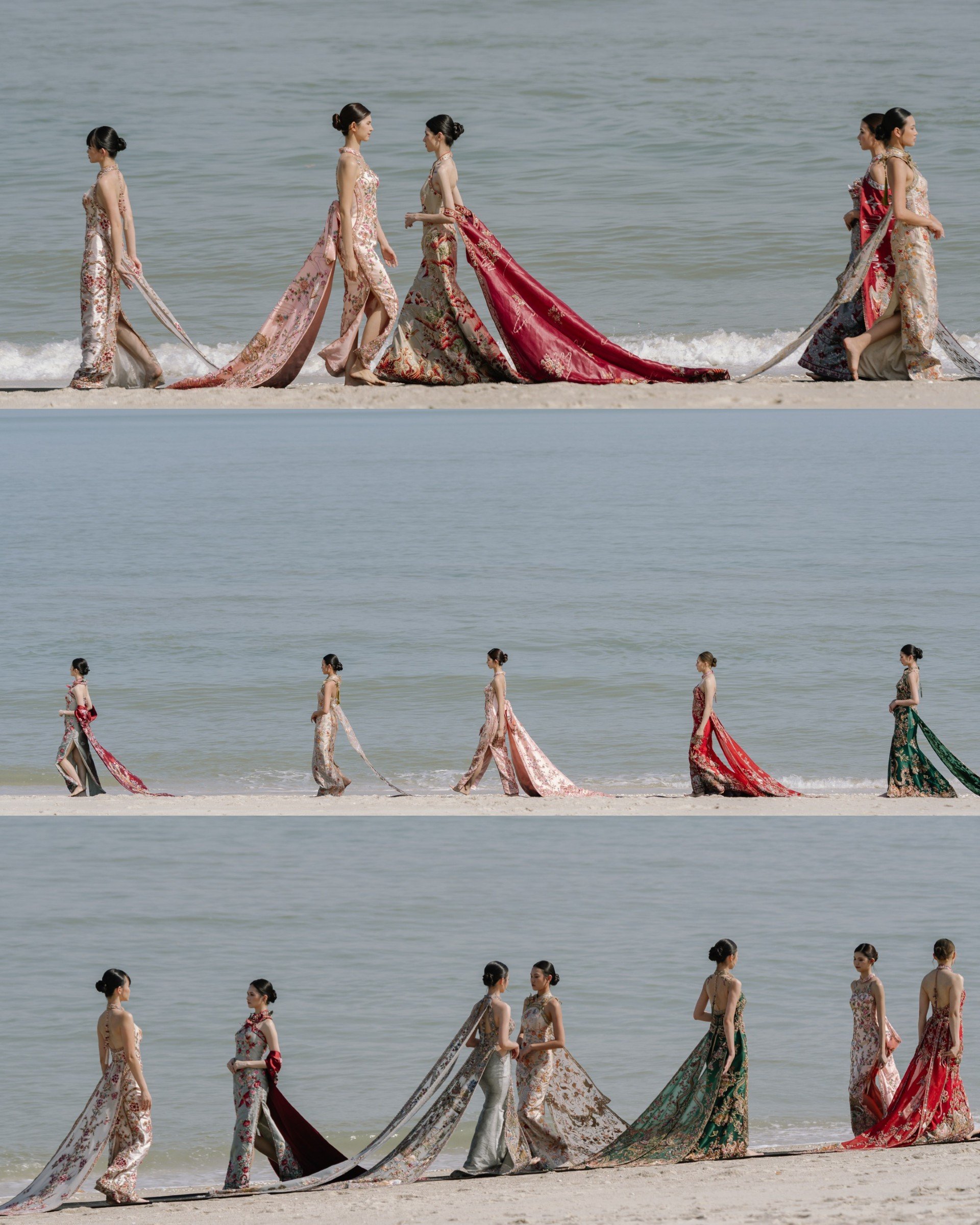 23 Wedding Luxe Silence of Love 2026 Sangjit gowns walking on beach