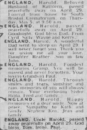 Harold England died 29 April 1988
