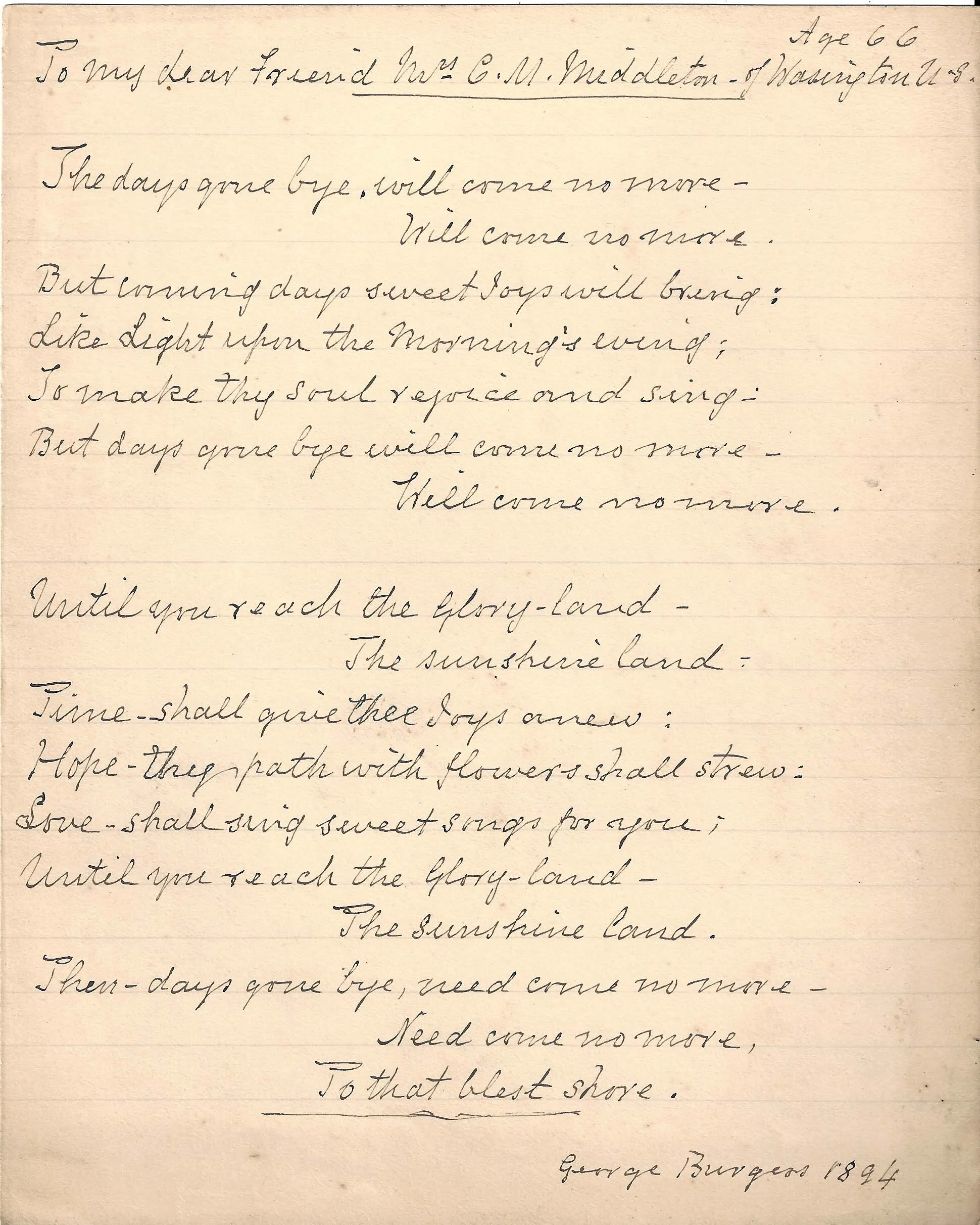 Poem by George Burgess, dedicated to his American friend Mrs C.M. Middleton