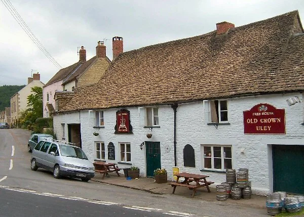 Uley - Old Crown pub opposite st Giles Church  in 1815 was formally coach house and inn, and was a collection point for cloth for dispatch to London