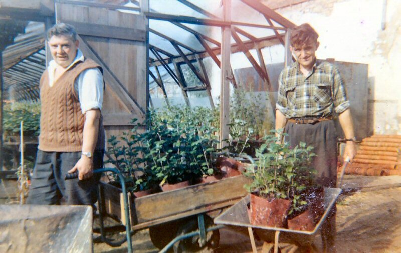 Ernest_Russ_right_and_worker_left_at_Angeston_Nurseries2C_Uley2C_Glos