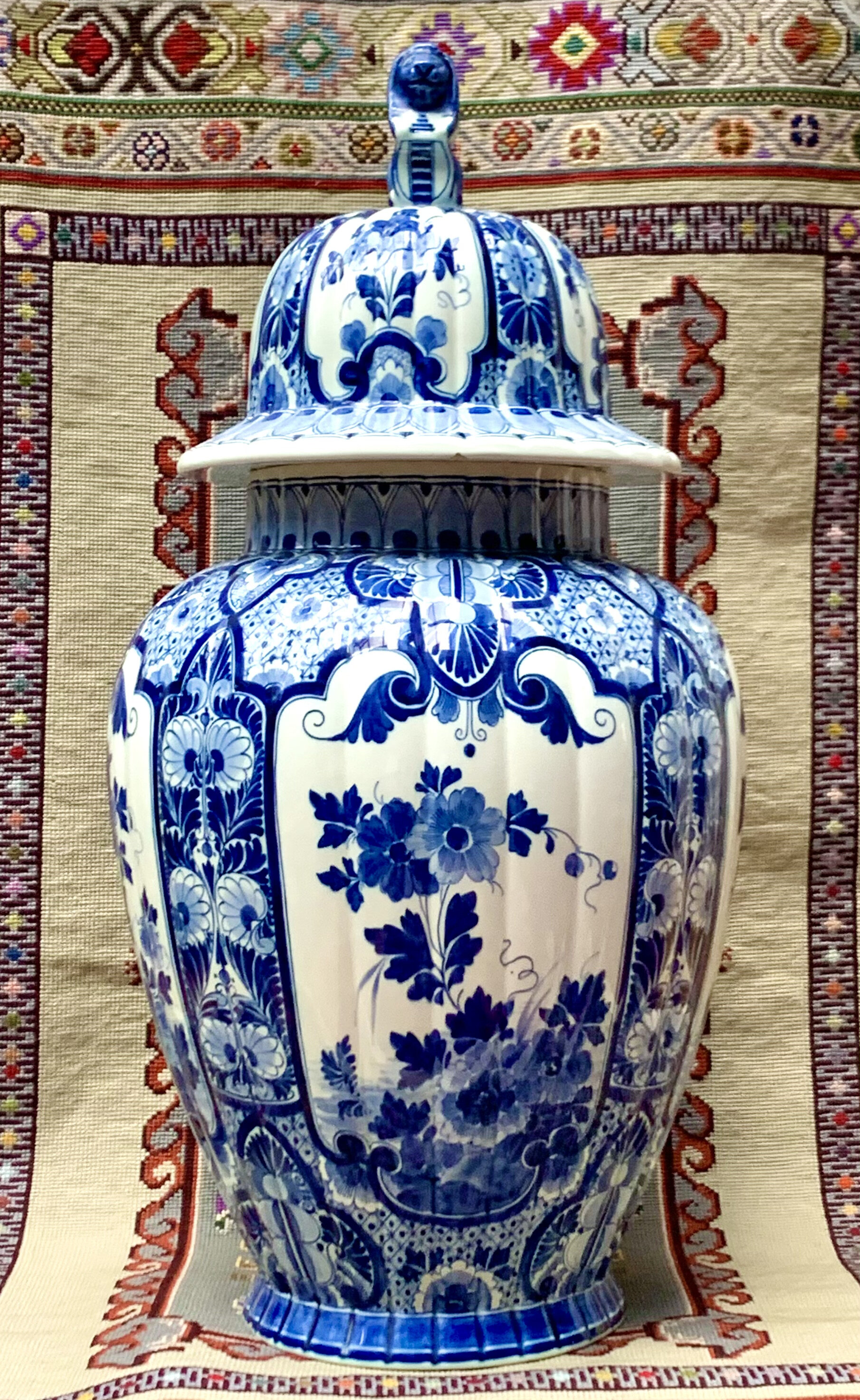 PB Delft early 20th Century hand painted Blue Delft Ginger Jar on a monumental scale, Height 63 cm, 30 cm diameter, in a fine condition. Price on Application