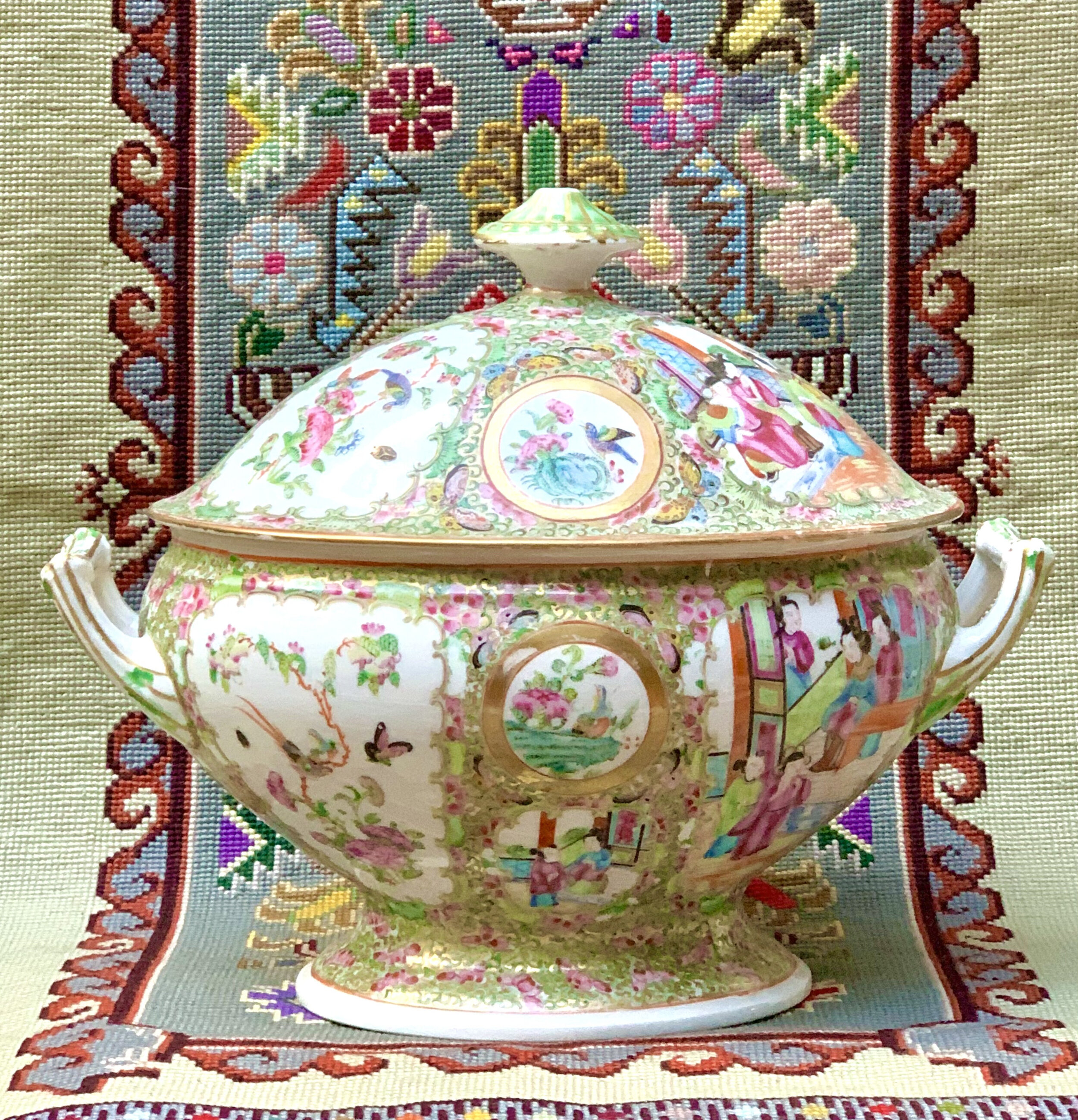A Chinese Export Porcelain 19th Century 'Canton Famille Rose' Tureen, in a fine condition. Height 27 cm, Length 32 cm. Price on Application