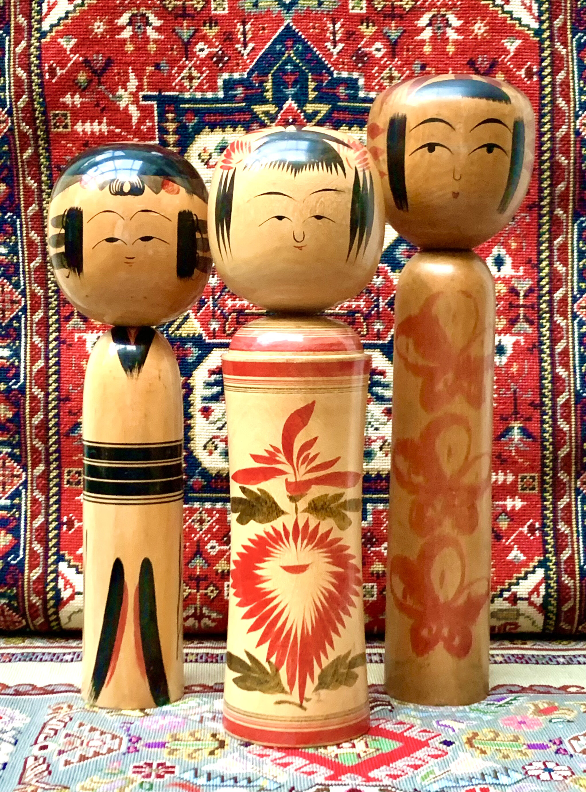 A set of three Japanese 1950 - 60's Kokeshi Dolls, wooden, handpainted, artist signed. Kokeshi, a traditional Japanese children's toy.
These are unusual due to their size, 48 cm to 52 cm in height. Price on Application