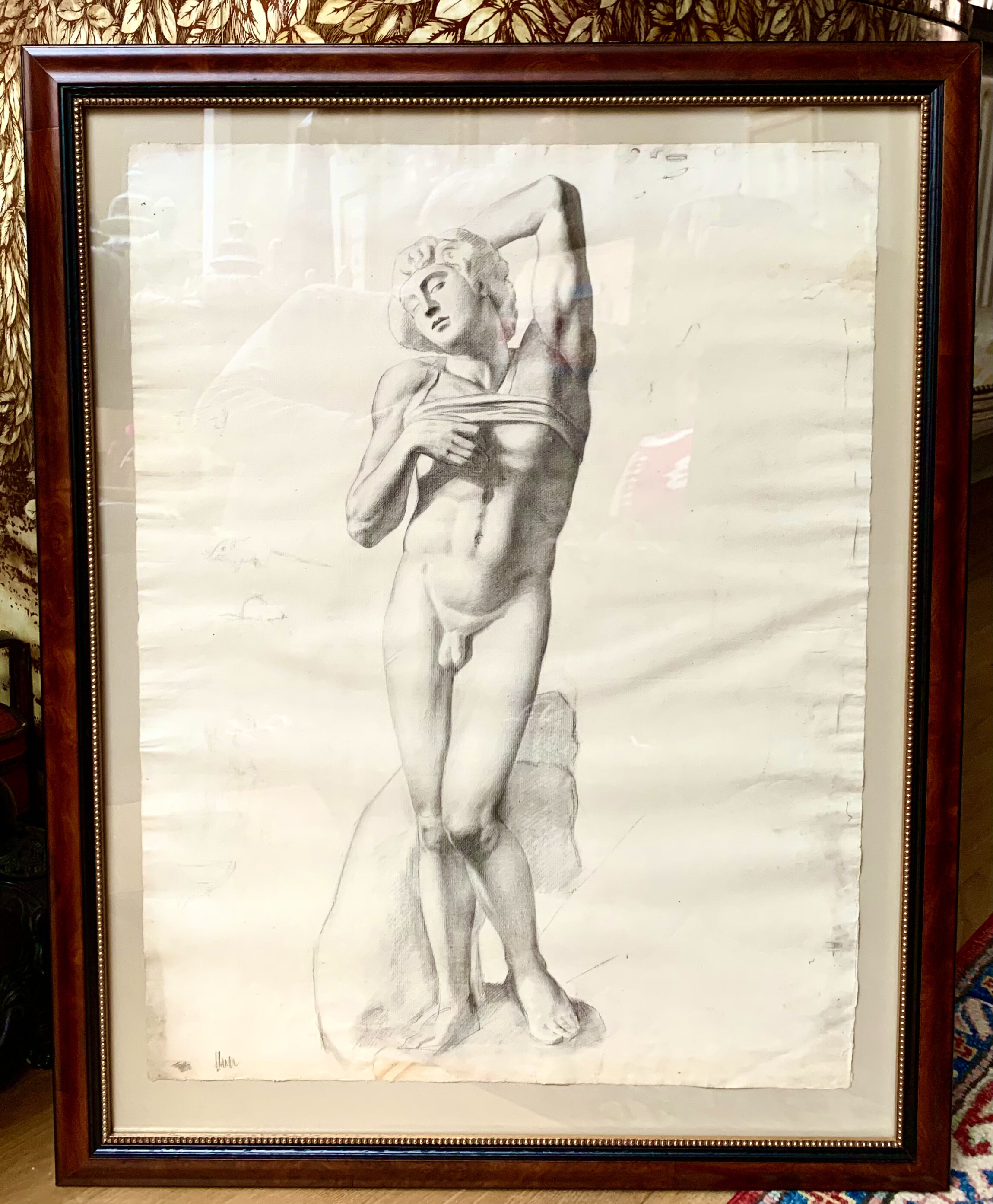 A French 19th Century Academie drawing, Charcoal on Paper, 60 cm x 75 cm(incl. frame)
Contemporary handmade frame. Price on Application