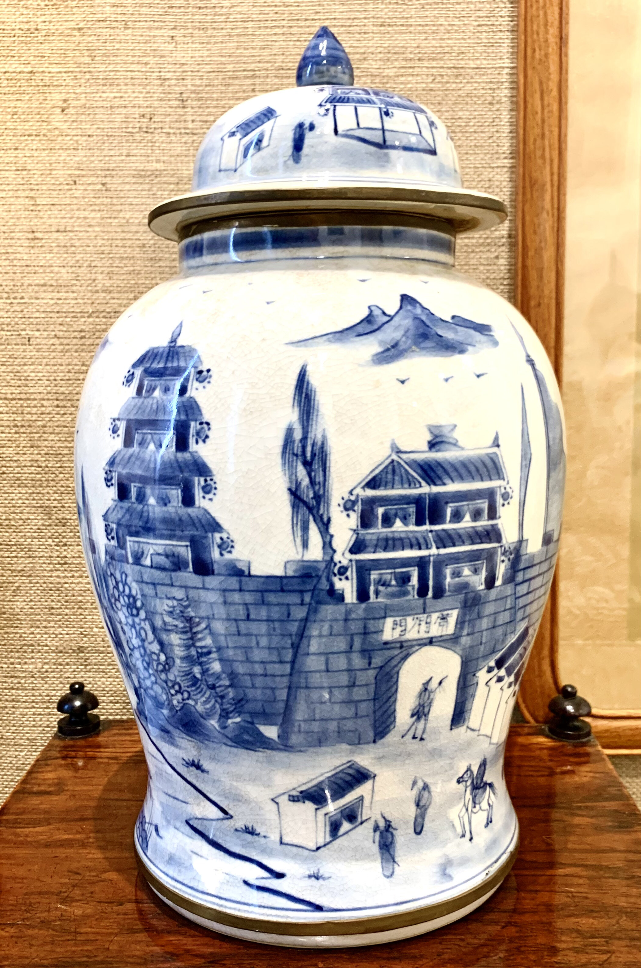 Chinese mid 20th Century hand painted blue & white porcelain Ginger Jar with brass trims. Height 42 cm, Diameter 28 cm. Price on Application