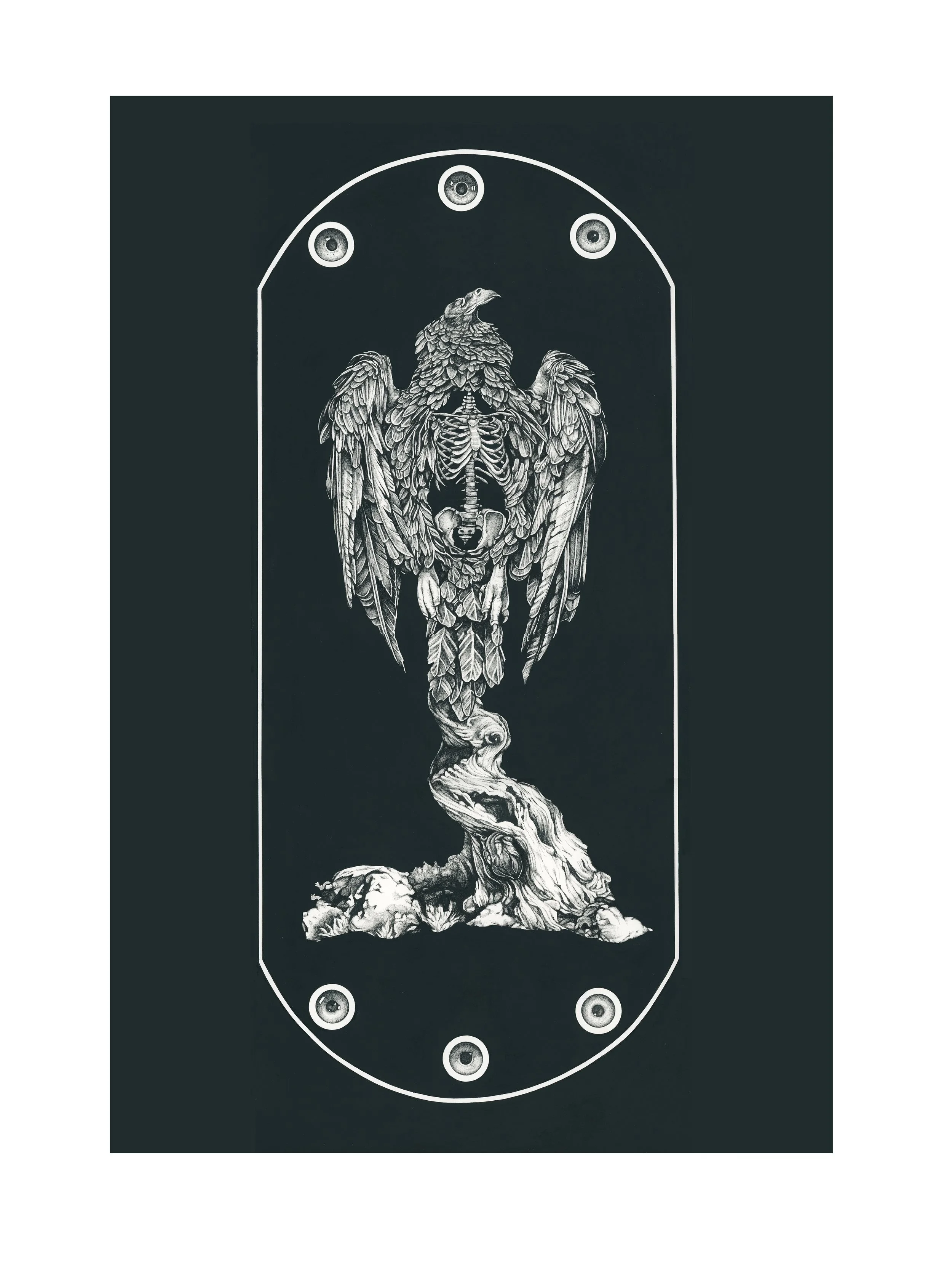 A black and white drawing of a stylized eagle perched on a twisted branch, with skeletal features visible inside its body, surrounded by eye symbols on a dark background.