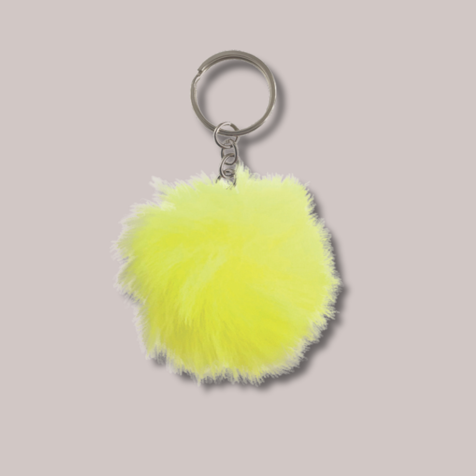 Yellow fluffy pom-pom keychain attached to a metal keyring from Bottlesoc for personalising Bottlesoc.