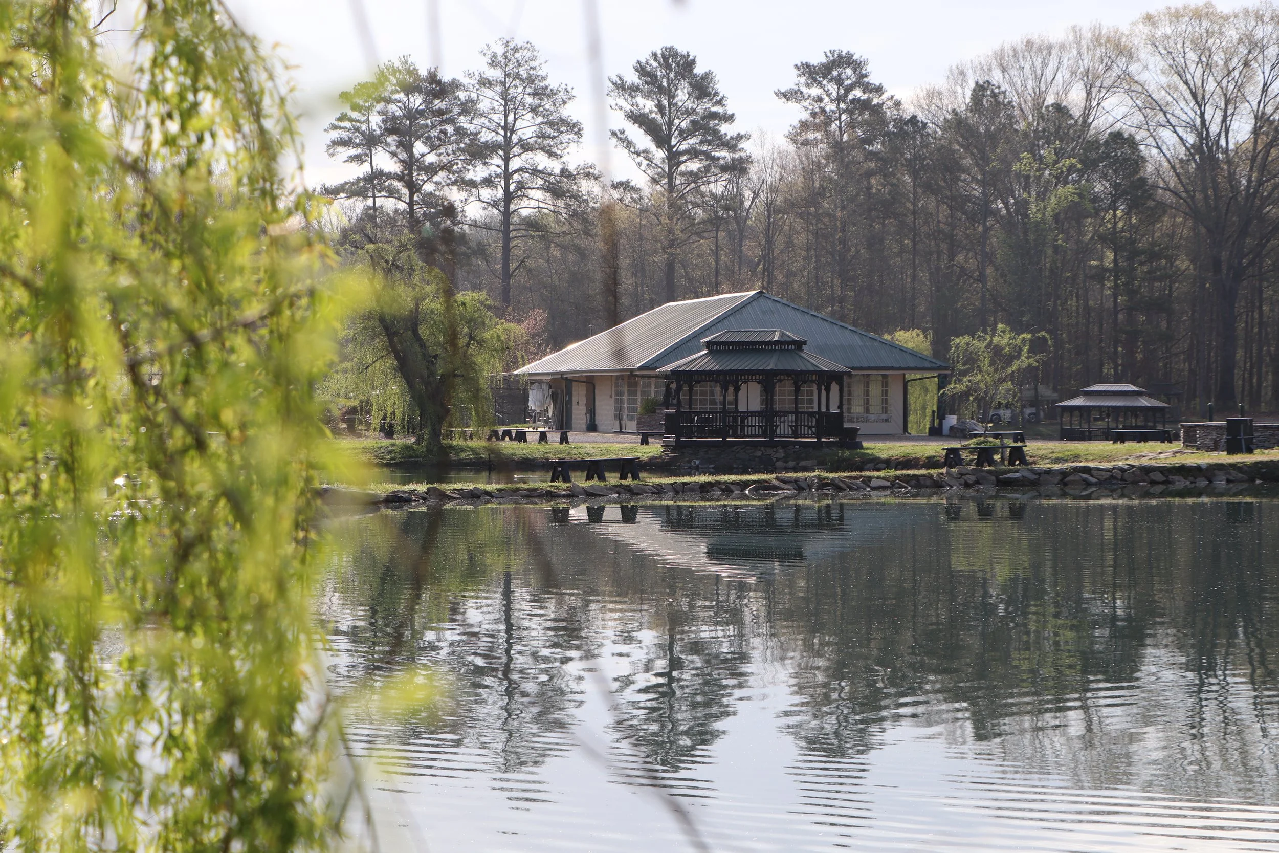 A peaceful lakeside scene with a building that has a metal roof, surrounded by trees and reflections in the water. 