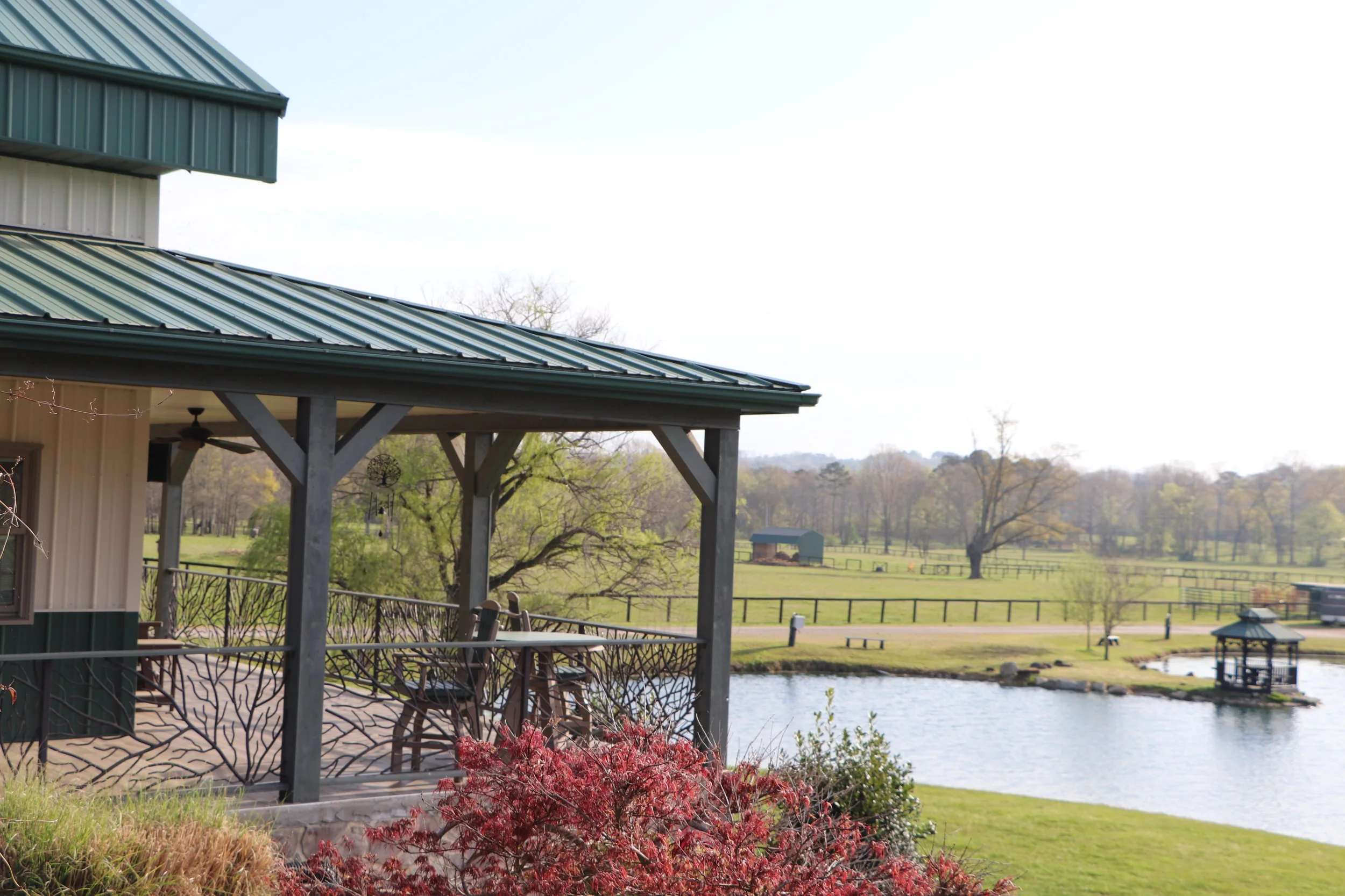 A house with a green metal roof and a porch overlooking a lake, with trees and open grass fields in the background.