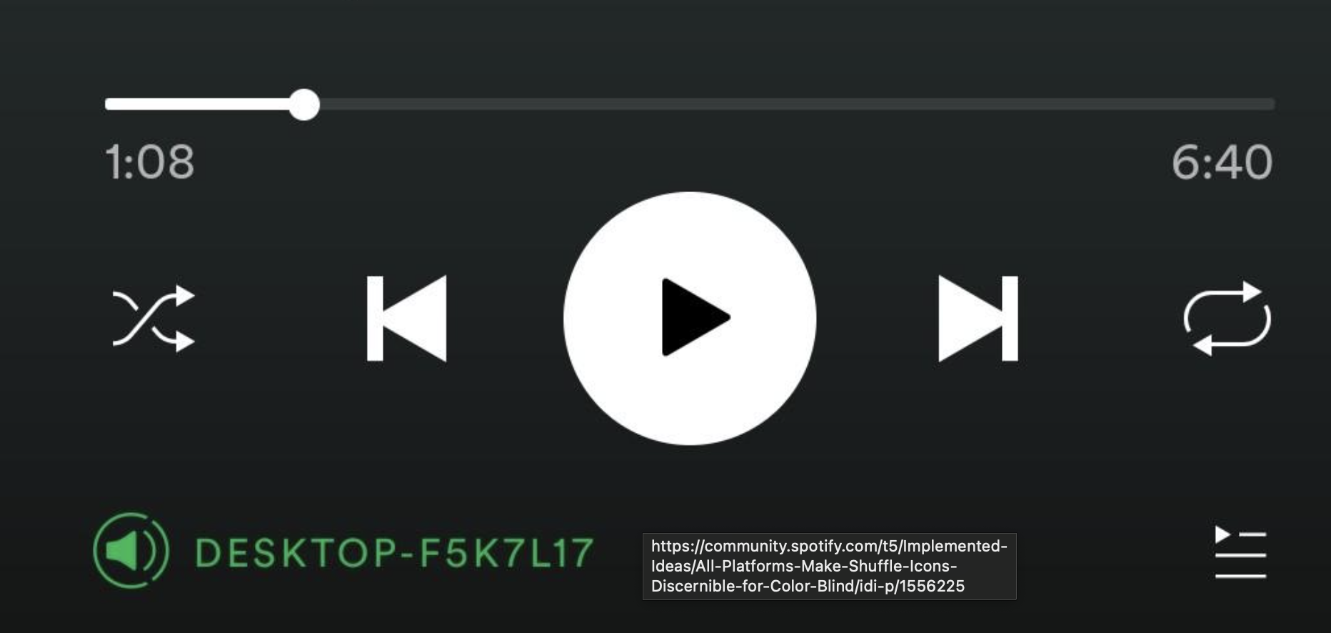 Spotify’s repeat and shuffle buttons (far left and far right) in their inactive state.
