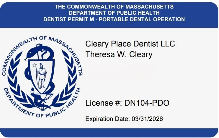 Massachusetts Department of Public Health dental permit card for Cleary Place Dentist LLC, Theresa W. Cleary, with license number DN104-PDO and expiration date March 31, 2026.