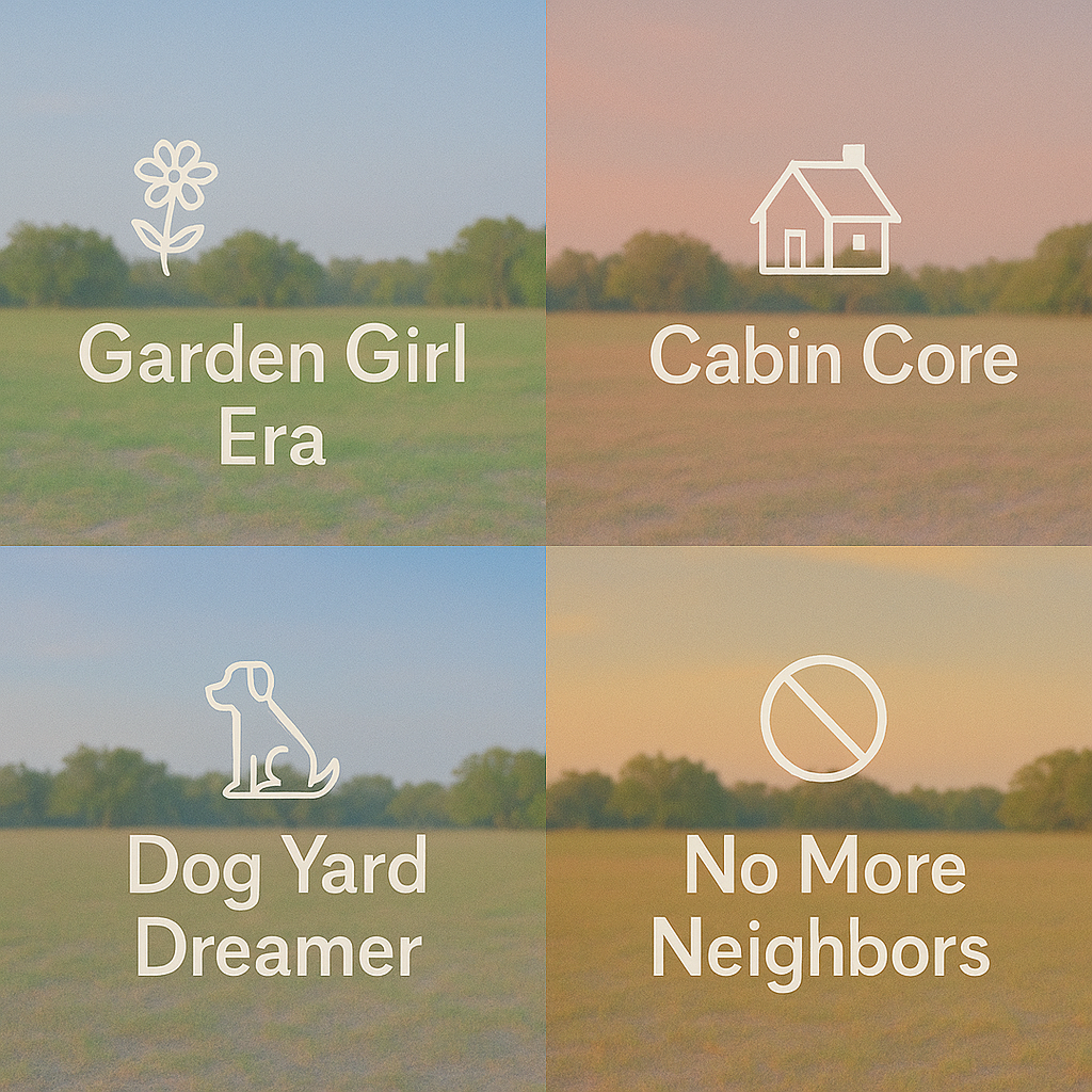 Garden Girl Era. Cabin Core. Dog Yard Dreams. No More Neighbors.