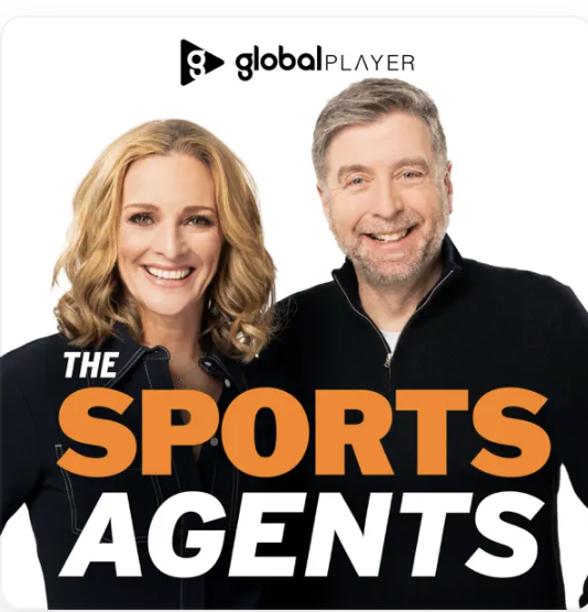Gabby Logan & Mark Chapman smile at the camera with THE SPORTS AGENTS banner across them
