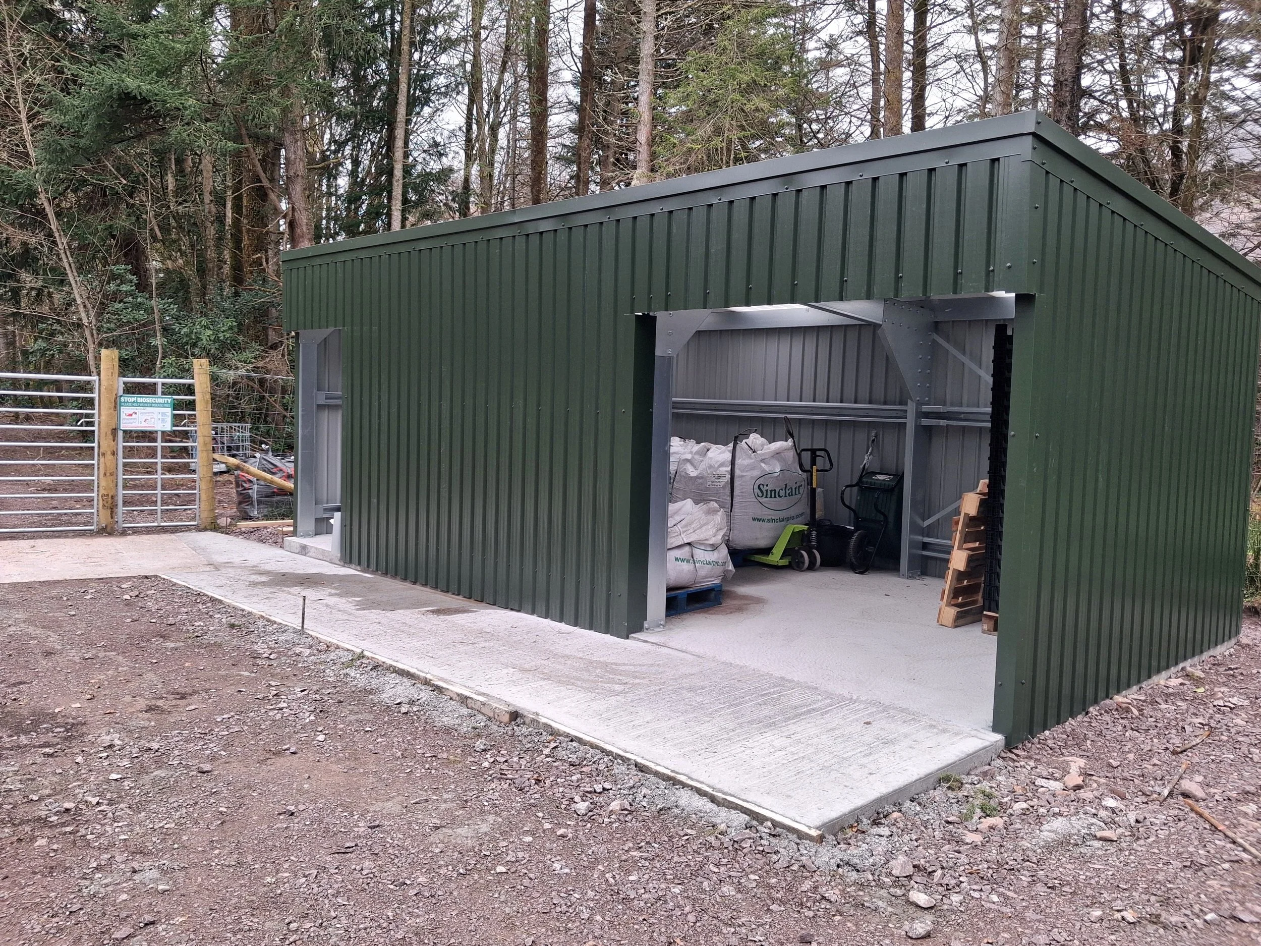 A large green shed with an open door sits in pine forest with a gate beside it