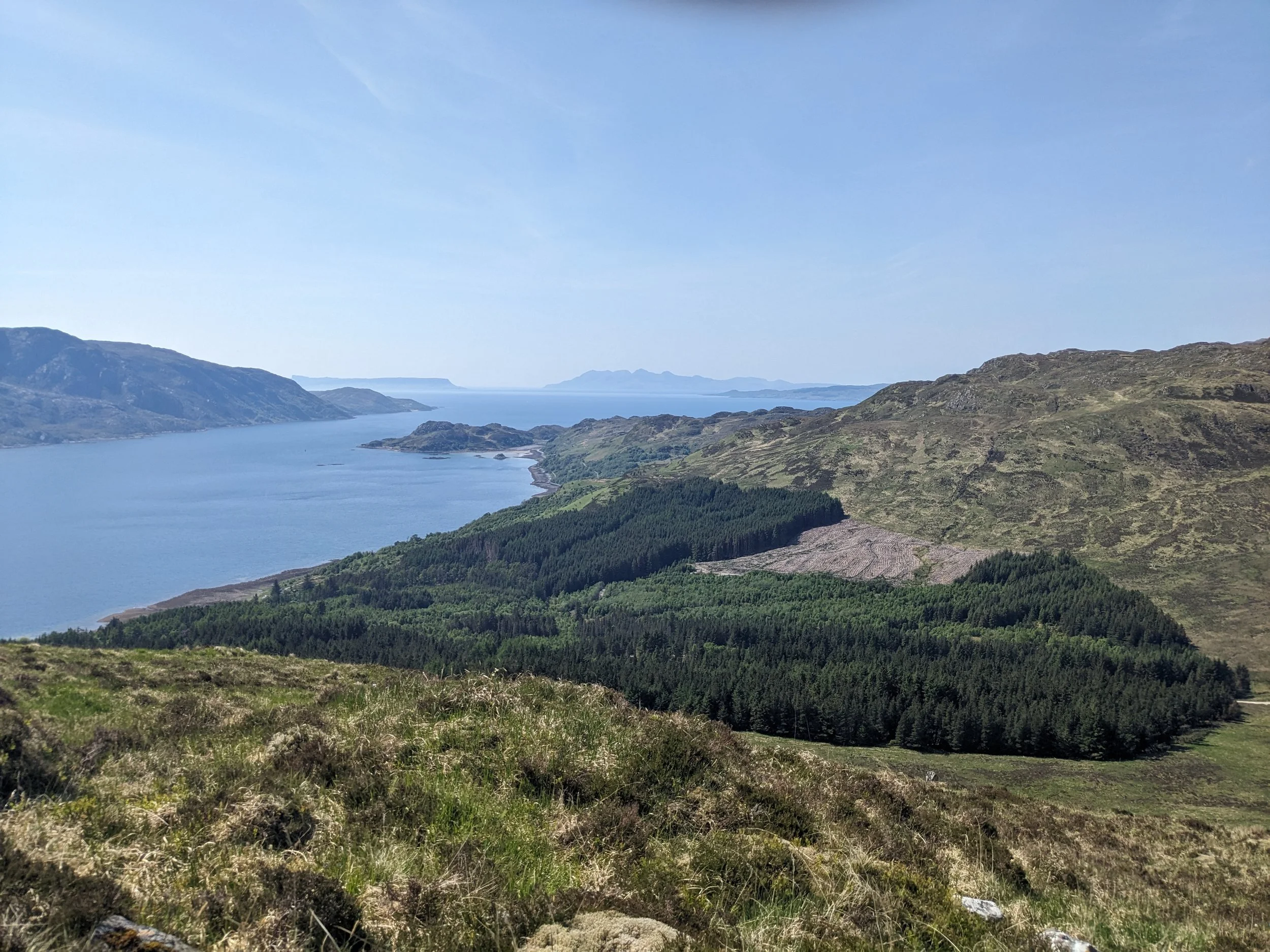 A landscape view looking down across mixed woodland to open water and hills and islands beyond with a blue sky