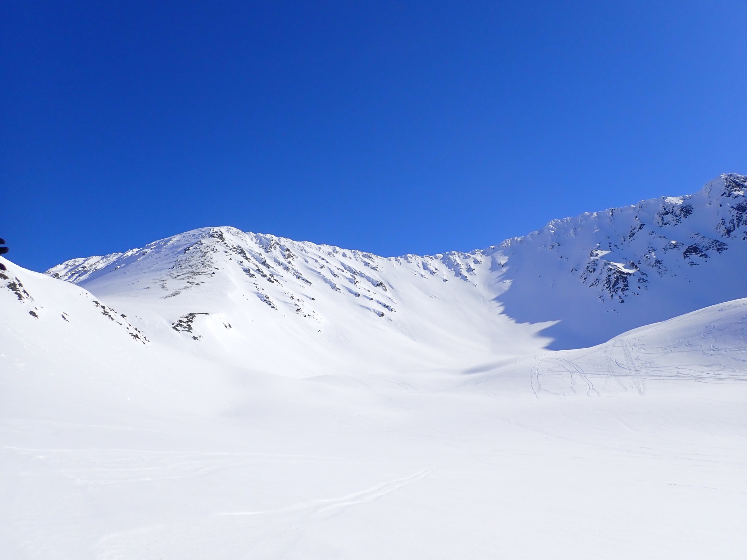 Looking back at our descent through the couloir