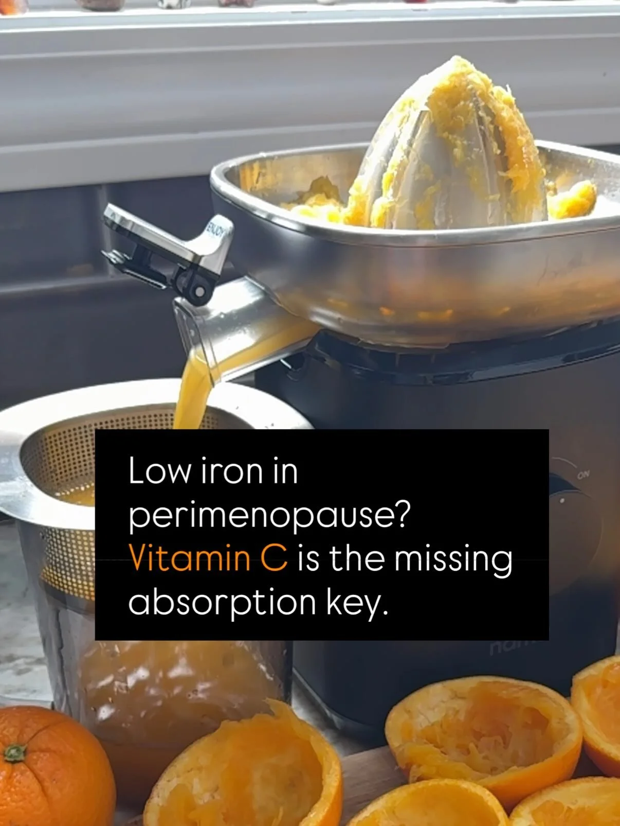 🍊 Perimenopause fatigue isn&rsquo;t just hormones &mdash; it&rsquo;s iron absorption.

🍊Vitamin C helps your body absorb iron, especially from plants.

🍊Get a complimentary citrus press with a Nama J2 using code EVIE10 (limited time).

🍊 Follow f